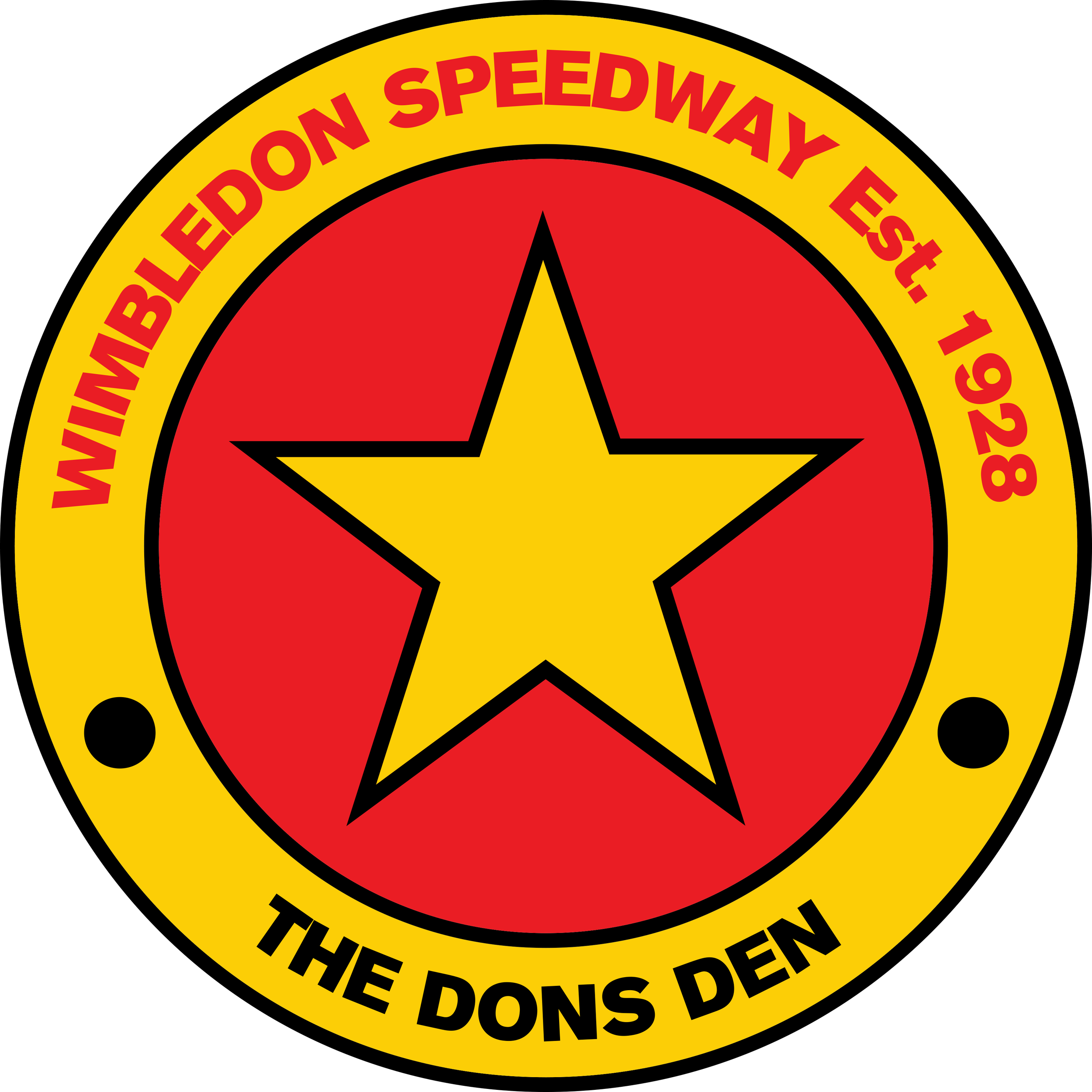 A circular emblem with a yellow border and a red star in the center. The outer ring has the words "The Don's Den"