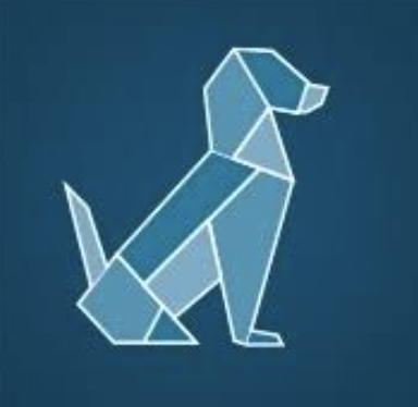 Geometric illustration of a sitting dog in shades of blue, the logo for Bark , a company specialising in design and print.