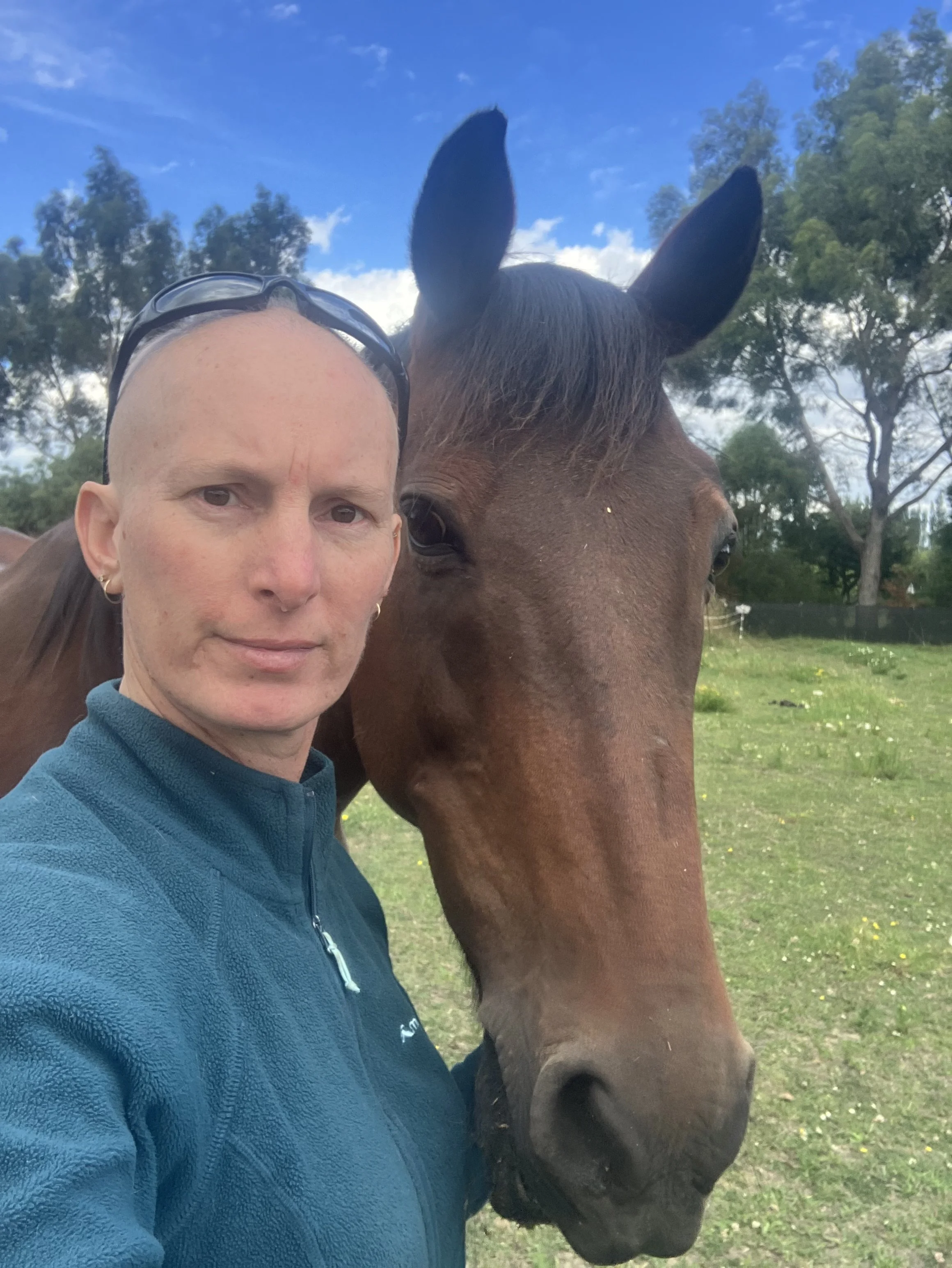 A woman taking a selfie with a brown horse outdoors, with trees and a blue sky in the background.