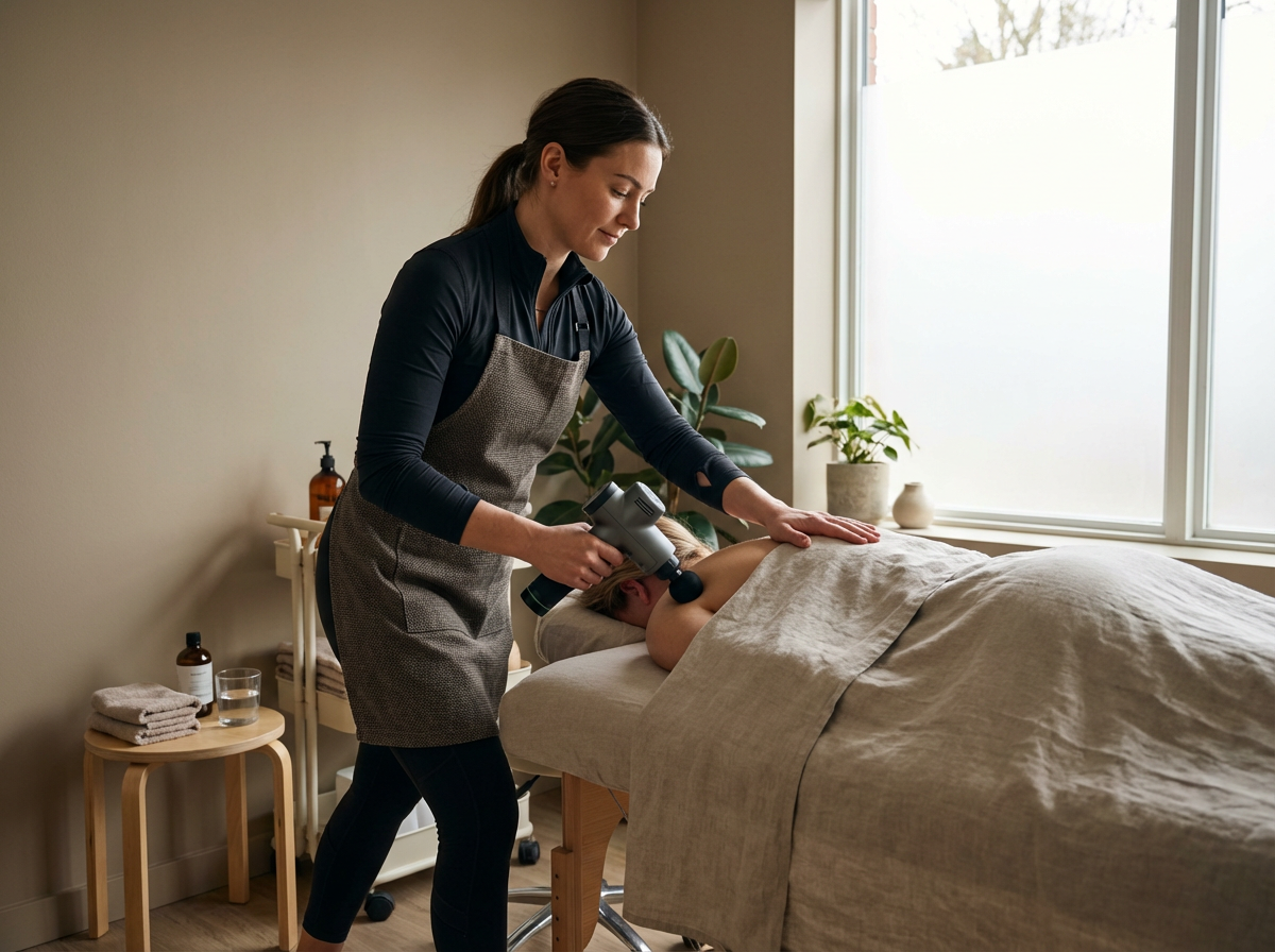 A woman giving a massage to a person lying face down on a massage table in a wellness room.
