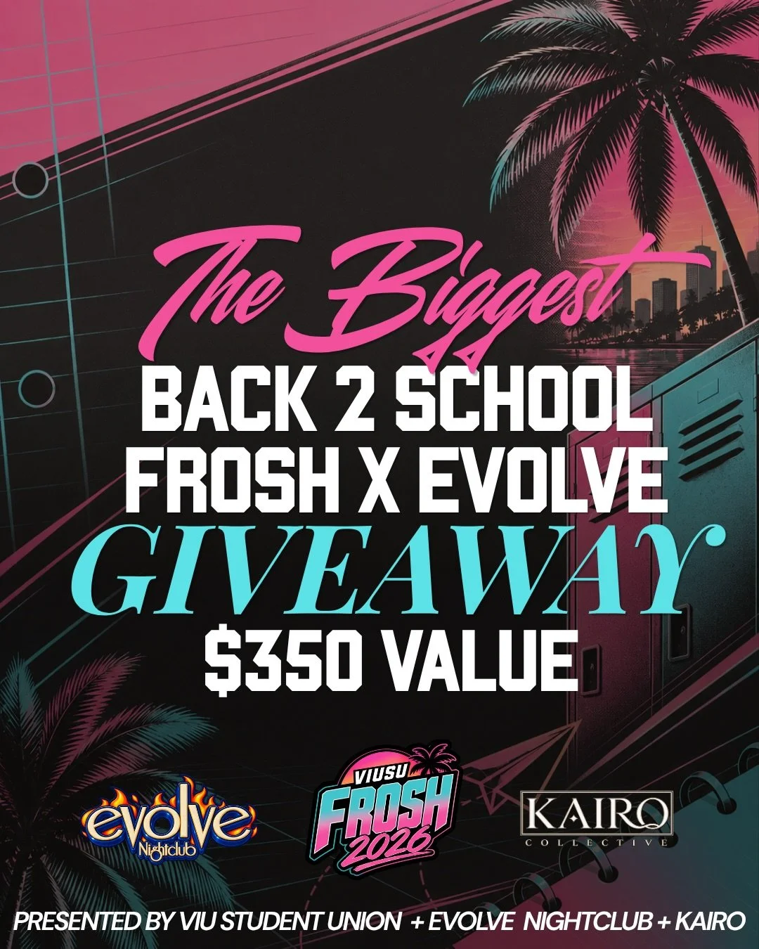 📣 FROSH GIVEAWAY ALERT 📣

VIUSU, Evolve Nightclub + Kairo Collective present the ultimate Back 2 School FROSH Giveaway 📌 

We are setting one lucky VIU Student up with everything they need to start Fall the right way. 🏫 From school supplies and c