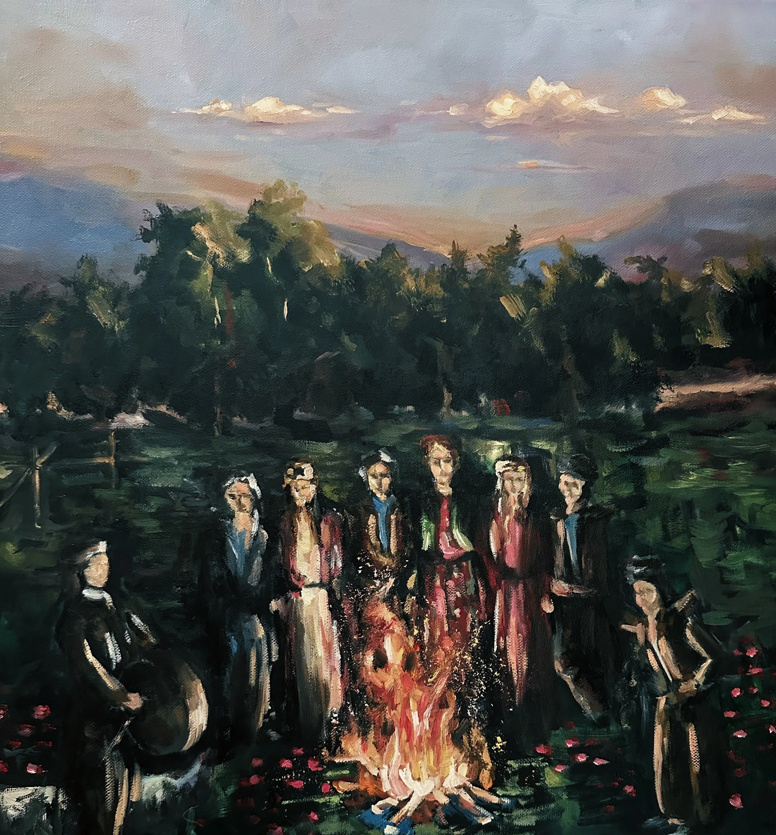 Impressionist style painting of six people standing outdoors at sunset, with trees and mountains in the background and a sky with clouds.