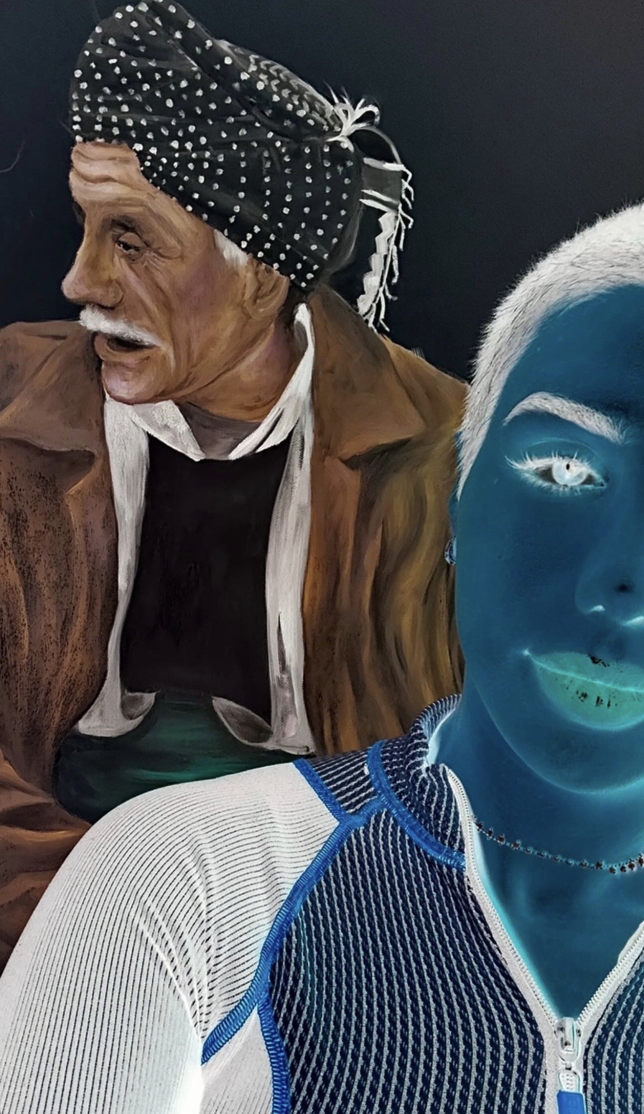 The image is a digital art piece featuring two faces. On the left is a realistic painting of an elderly man with brown skin, gray hair, and an open mouth. He is wearing a black and white polka dot headwrap and a brown jacket. On the right is a stylized, color-inverted portrait of a young person with bright blue skin, white hair, and a prominent eye, wearing a blue and white zip-up shirt with a pattern.