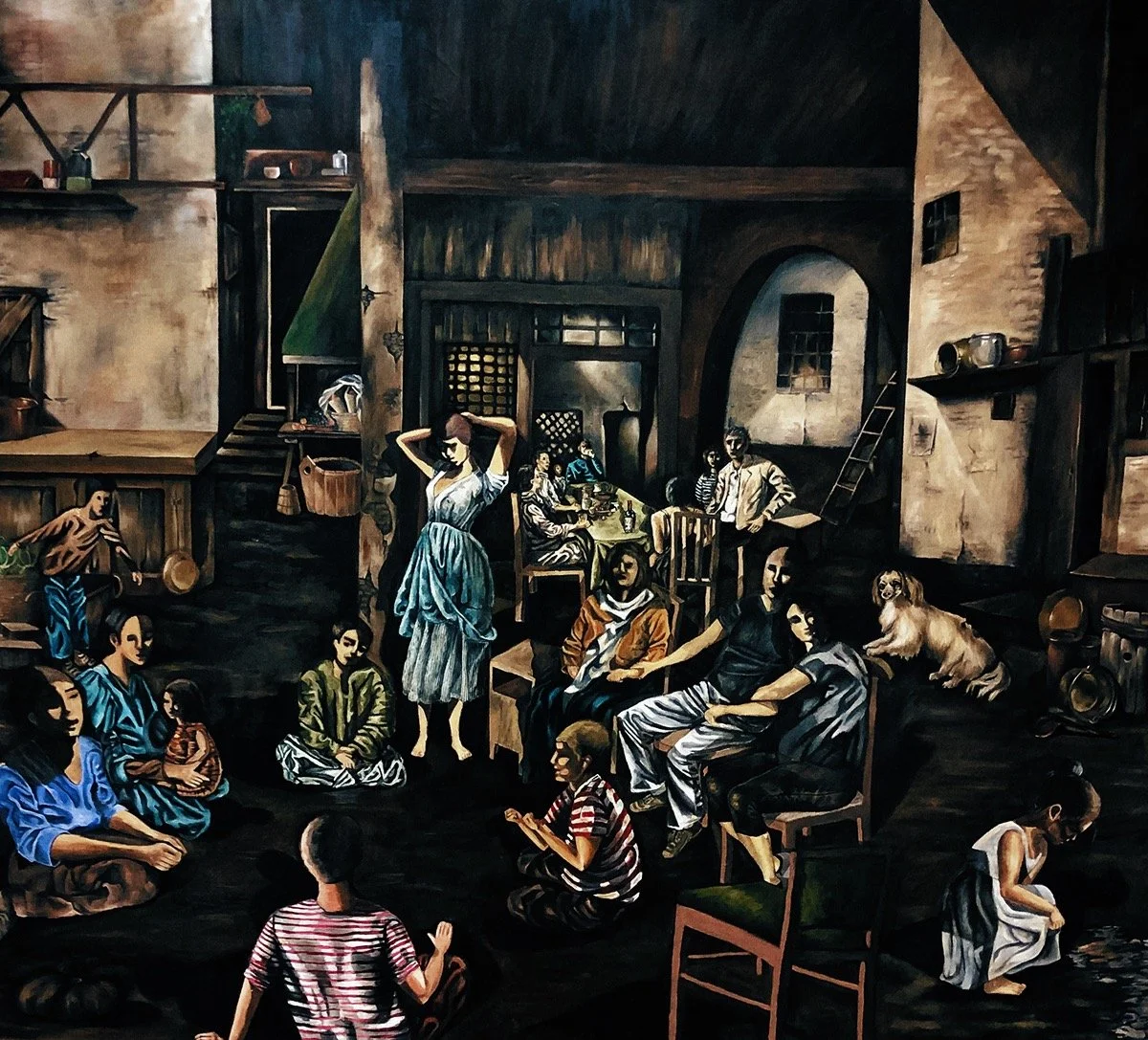 A detailed painting of a diverse group of people gathered in a rustic, dimly-lit room that resembles a rural home or tavern. Some are seated on the floor, others on chairs, with children, adults, and animals present. The scene depicts a communal, perhaps traditional or storytelling setting, with elements like a table with drinks, a ladder, and various household items.