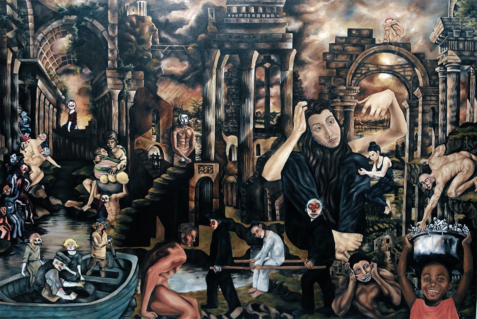 Original painting by artist Soniya featuring surreal figures, ancient ruins and a dark atmospheric landscape.