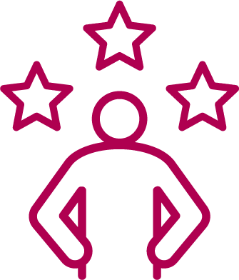Outline illustration of a person with hands on hips, surrounded by three stars above and around the head.