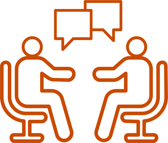 Outline illustration of two people sitting in chairs talking with speech bubbles above their heads.