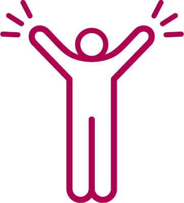 Outline illustration of a person with arms raised in excitement, highlighted with lines around hands