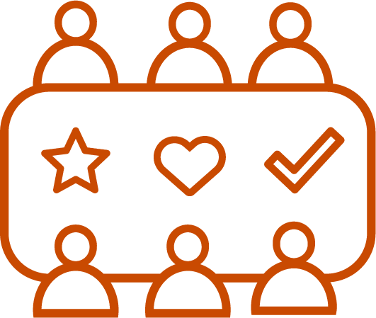 Outline illustration showing six people sitting around a table with symbols of a star, heart, and check mark in the centre.