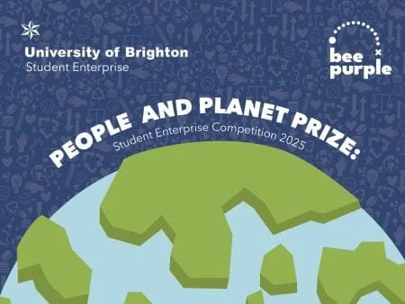 Event poster for the University of Brighton's Student Enterprise celebration, showcasing the People and Planet Prize for 2026, featuring a globe illustration and the Bee Purple logo.