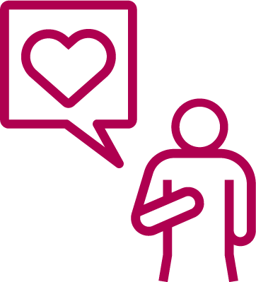 Outline illustration of a person holding their hand over their heart with a speech bubble containing a heart symbol.