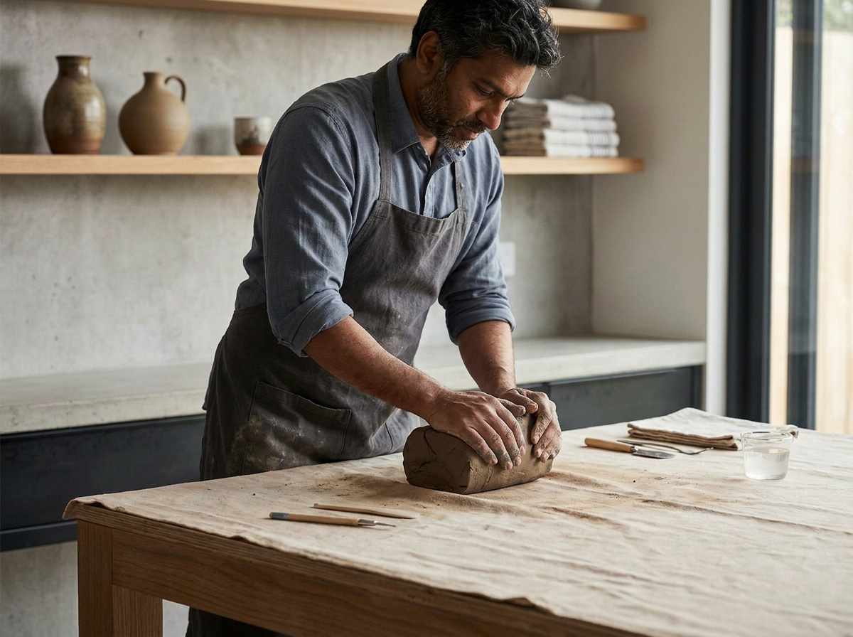 Man kneading clay on a wooden table in a pottery studio.