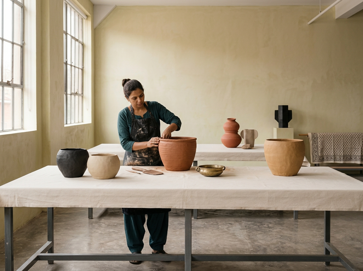 A woman working on a large clay pot in a ceramics studio, with various finished pots on tables around her.