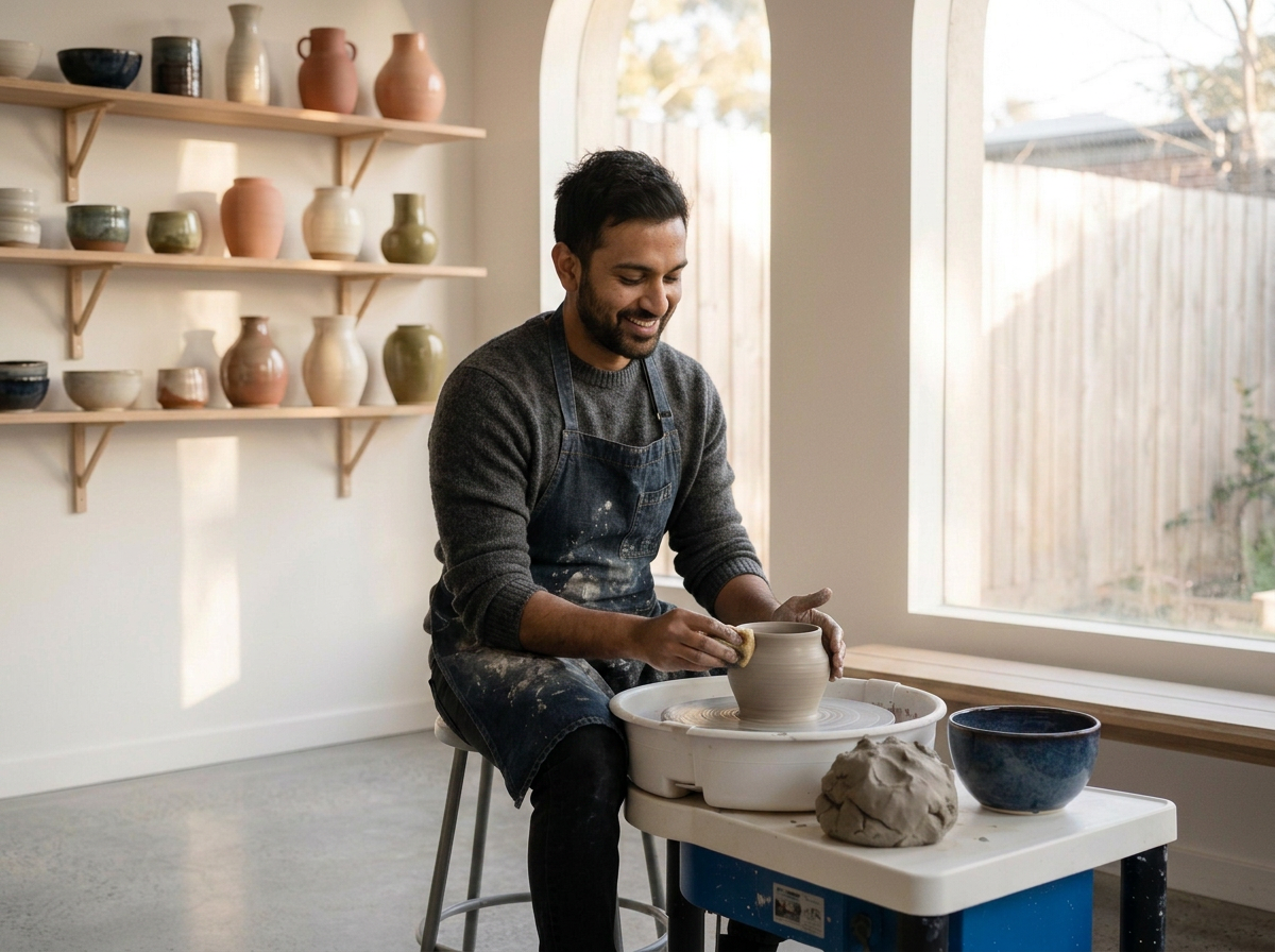 A man pottery classes, shaping a clay pot on a spinning wheel in a bright studio with shelves of various ceramic pieces.