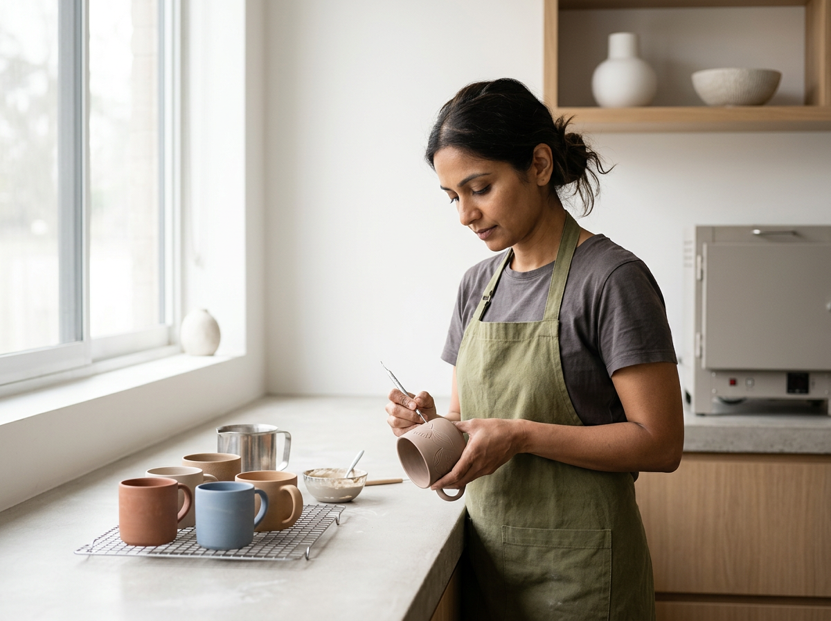 Woman painting a ceramic mug in a bright kitchen with cups and bowls on the counter.