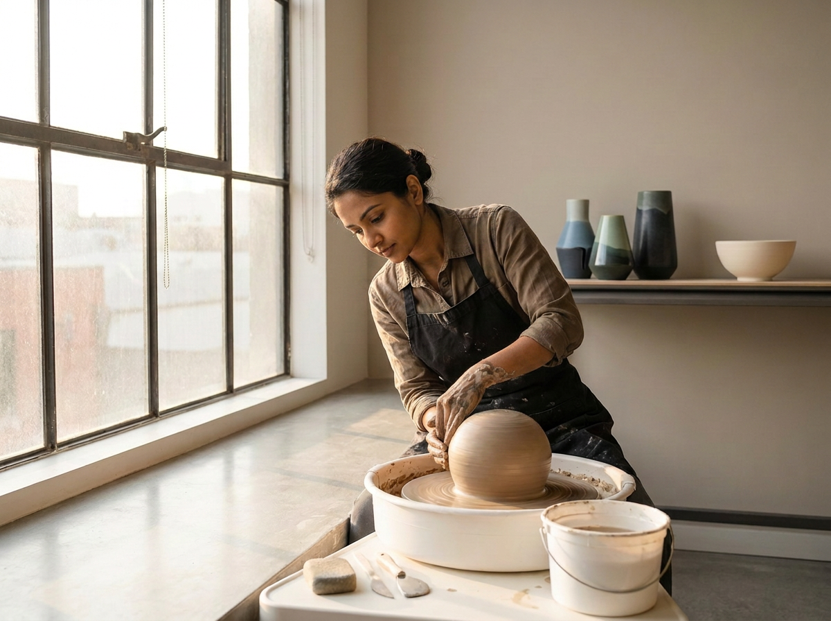 Woman shaping a pottery bowl on a pottery wheel near a large window.