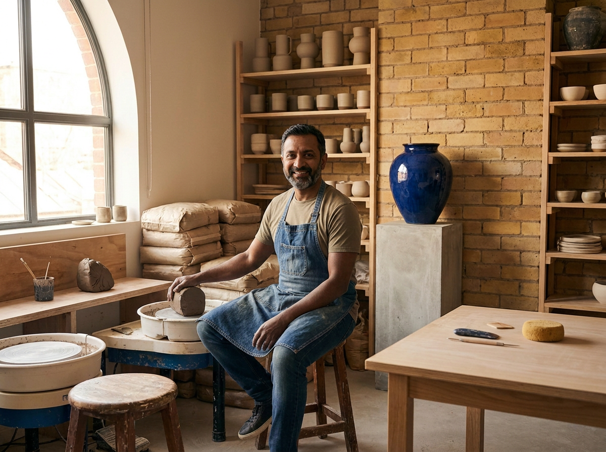 A man working on pottery in a ceramics studio with shelves of clay objects and a large blue vase in the background.