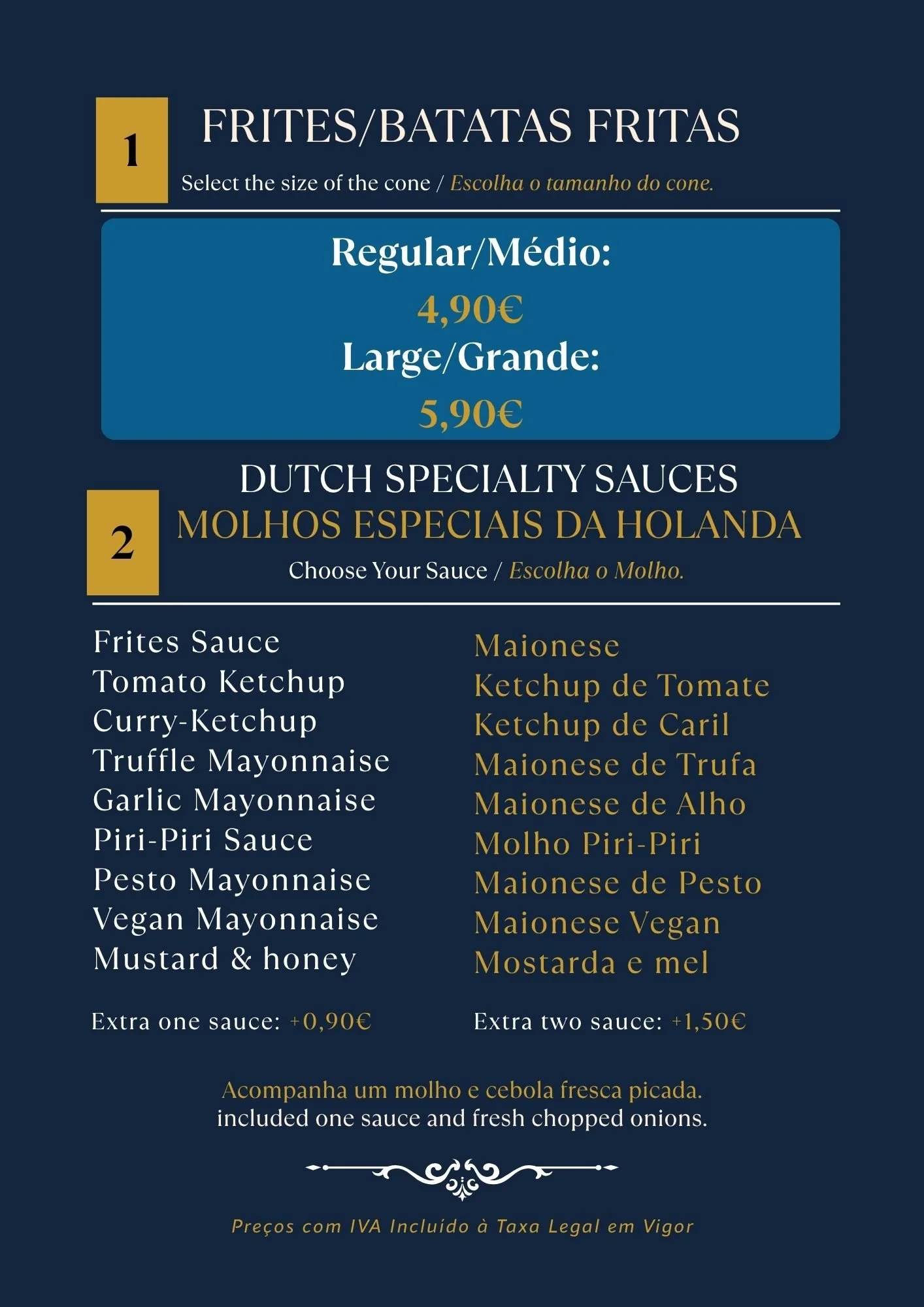 Menu screen displaying prices for French fries and sauces, with options for sizes and additional flavors.
