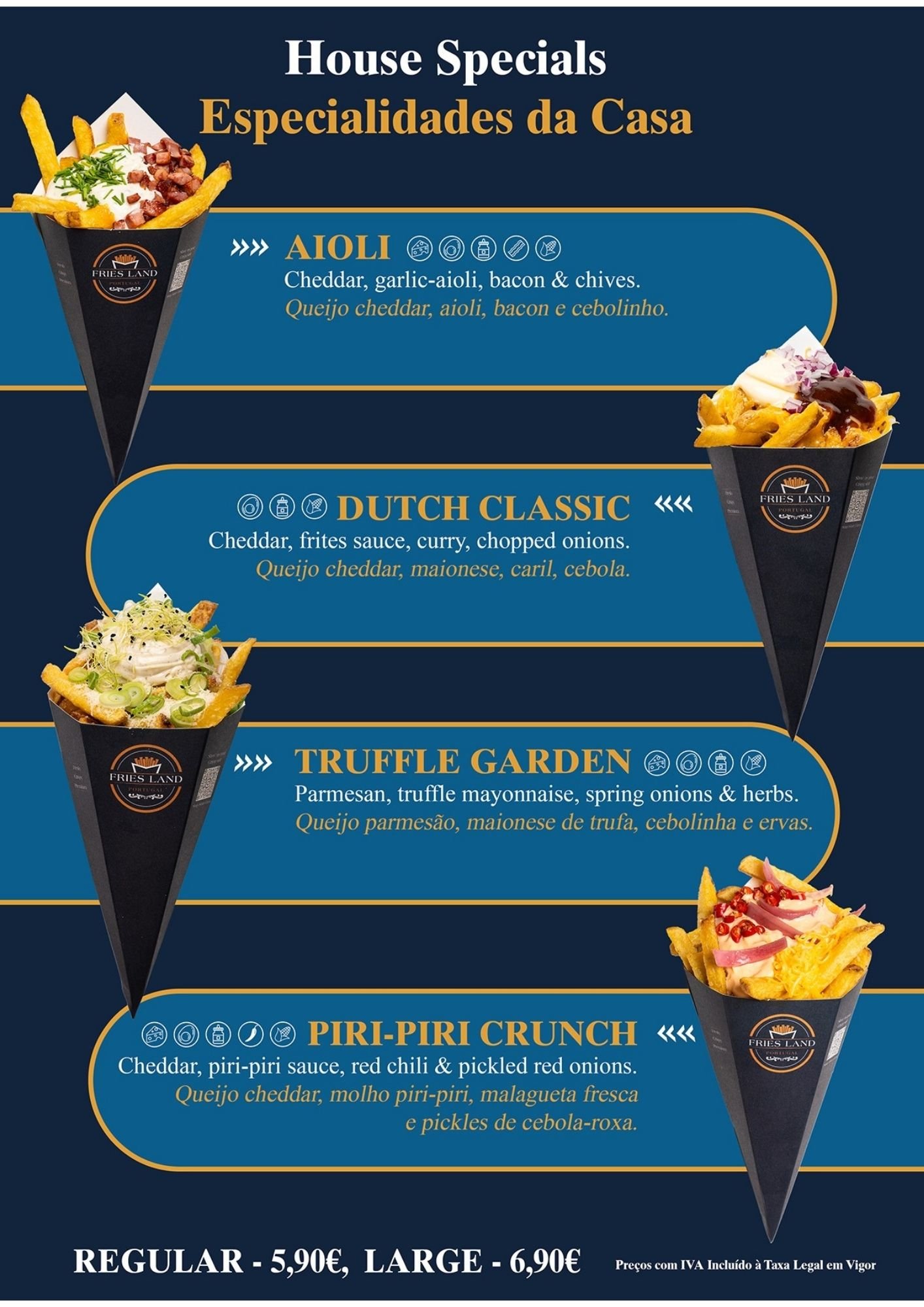 Menu poster displaying three loaded fries dishes: Aioli with cheese, garlic aioli, bacon & chives; Dutch Classic with cheese, ketchup, curry, chopped onions; Piri-Piri Crunch with cheese, piri-piri sauce, red chili & pickled red onions, each in black cones with fries and toppings.