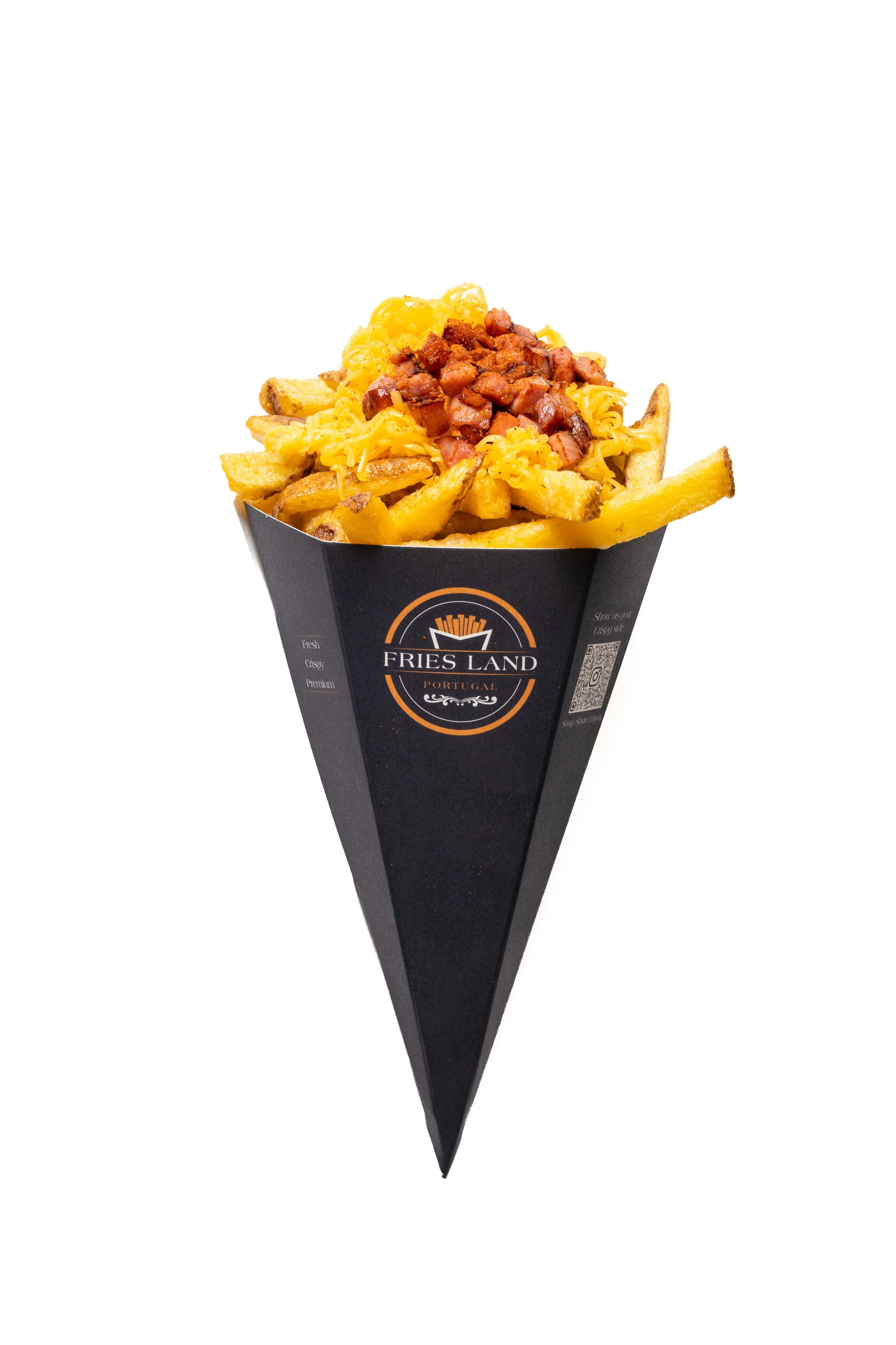 Container of French fries topped with shredded cheese and diced cooked bacon, labeled 'Fries Land Portugal'.