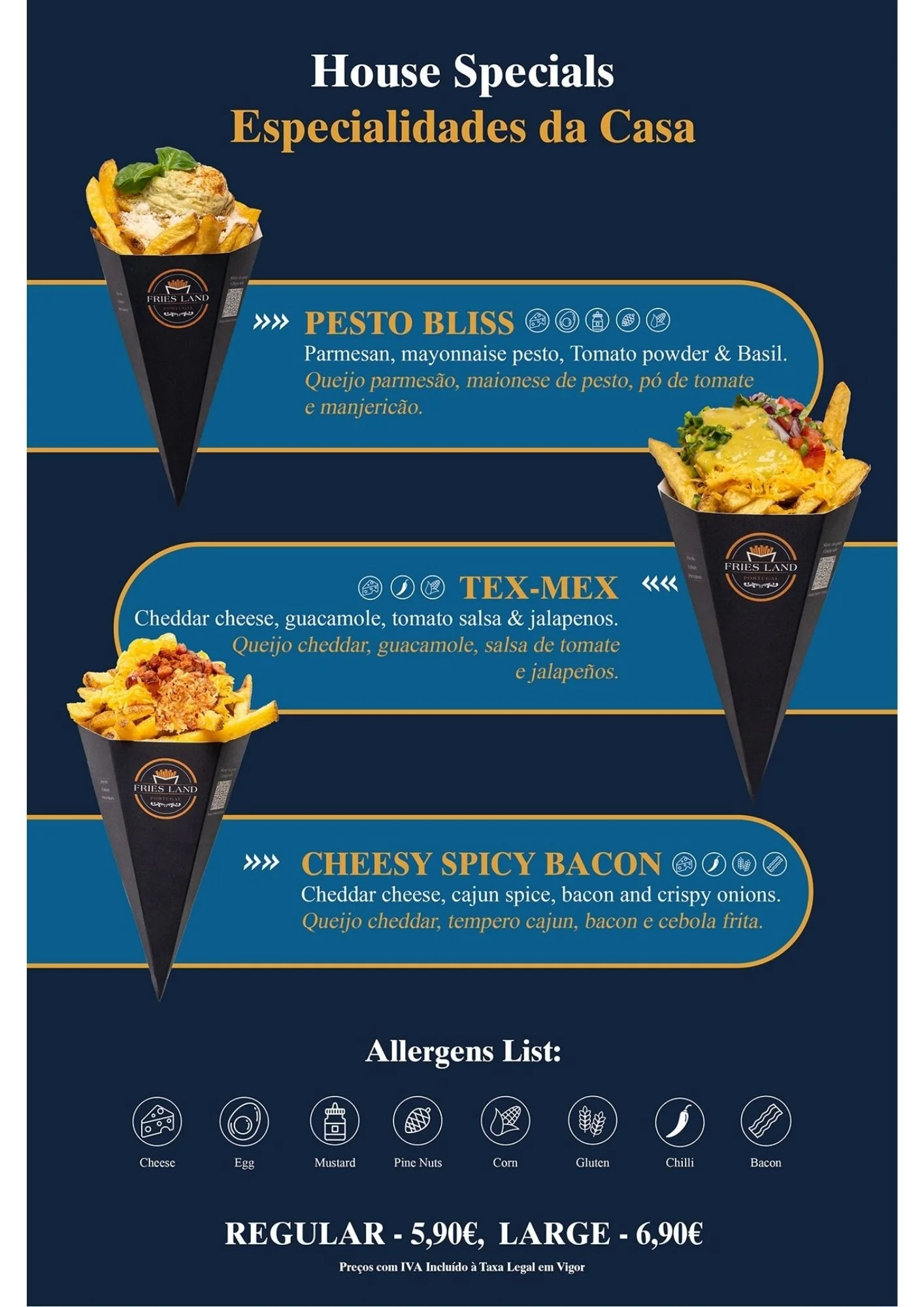 A menu featuring three loaded fries options: Pesto Bliss, Tex-Mex, and Cheesy Spicy Bacon. Each with a brief description of ingredients, prices for regular and large sizes, and allergen icons. The background is dark blue with gold accents.