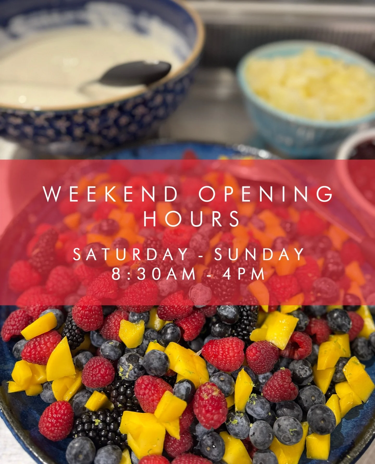 Our new weekend hours ❤️ 
Open Saturday &amp; Sunday 8:30am - 4pm.
We&rsquo;re also open this Bank Holiday Monday, 8:30am - 4pm! Can&rsquo;t wait to see you then ✨ 

#honeytrufflekitchen