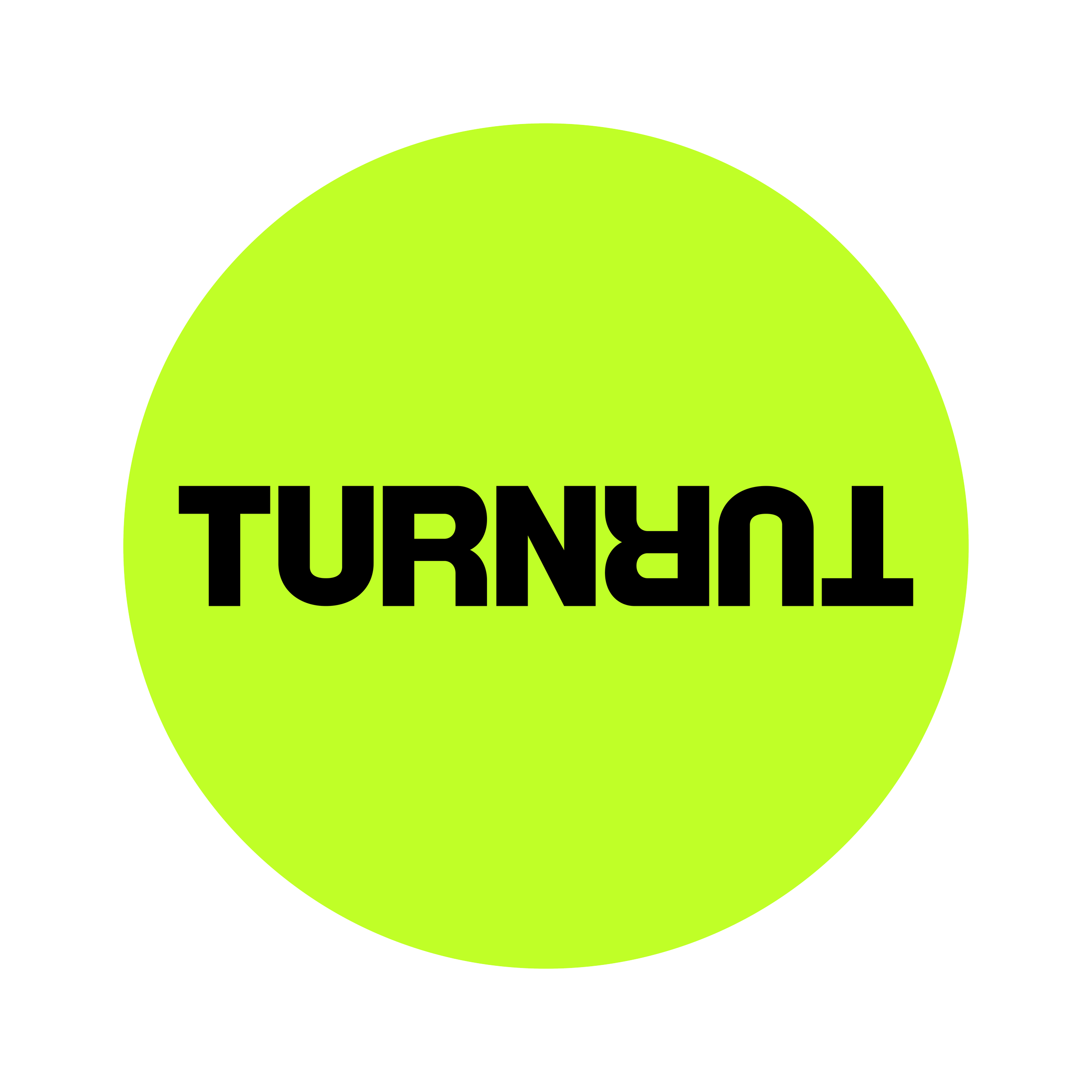 Bright green circle with black text that says "TURF".