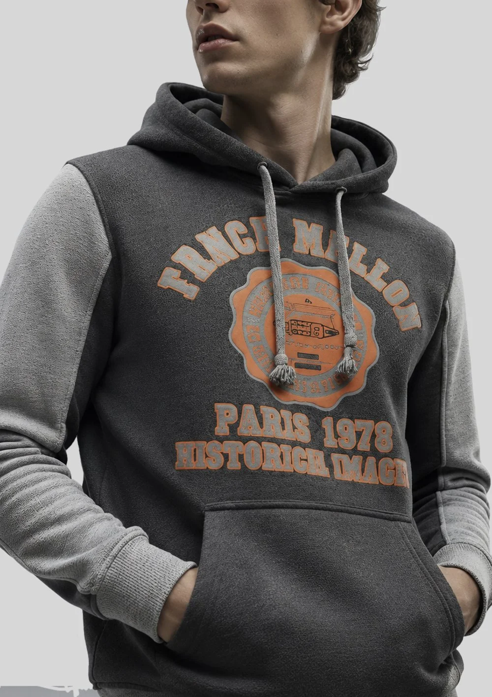Sudadera gris con capucha y mangas a contraste