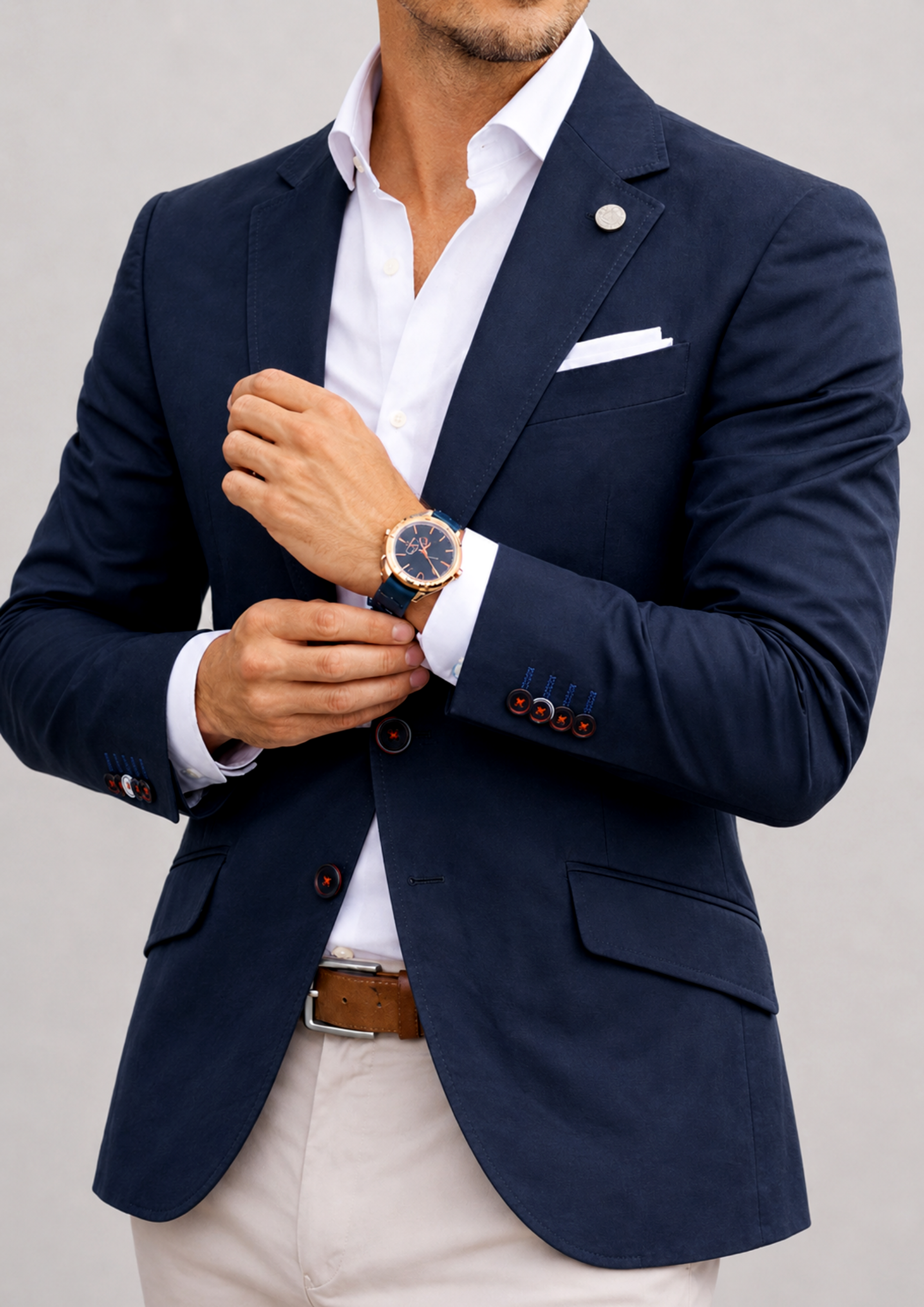 Blazer azul marino de algodón con pespuntes en solapa