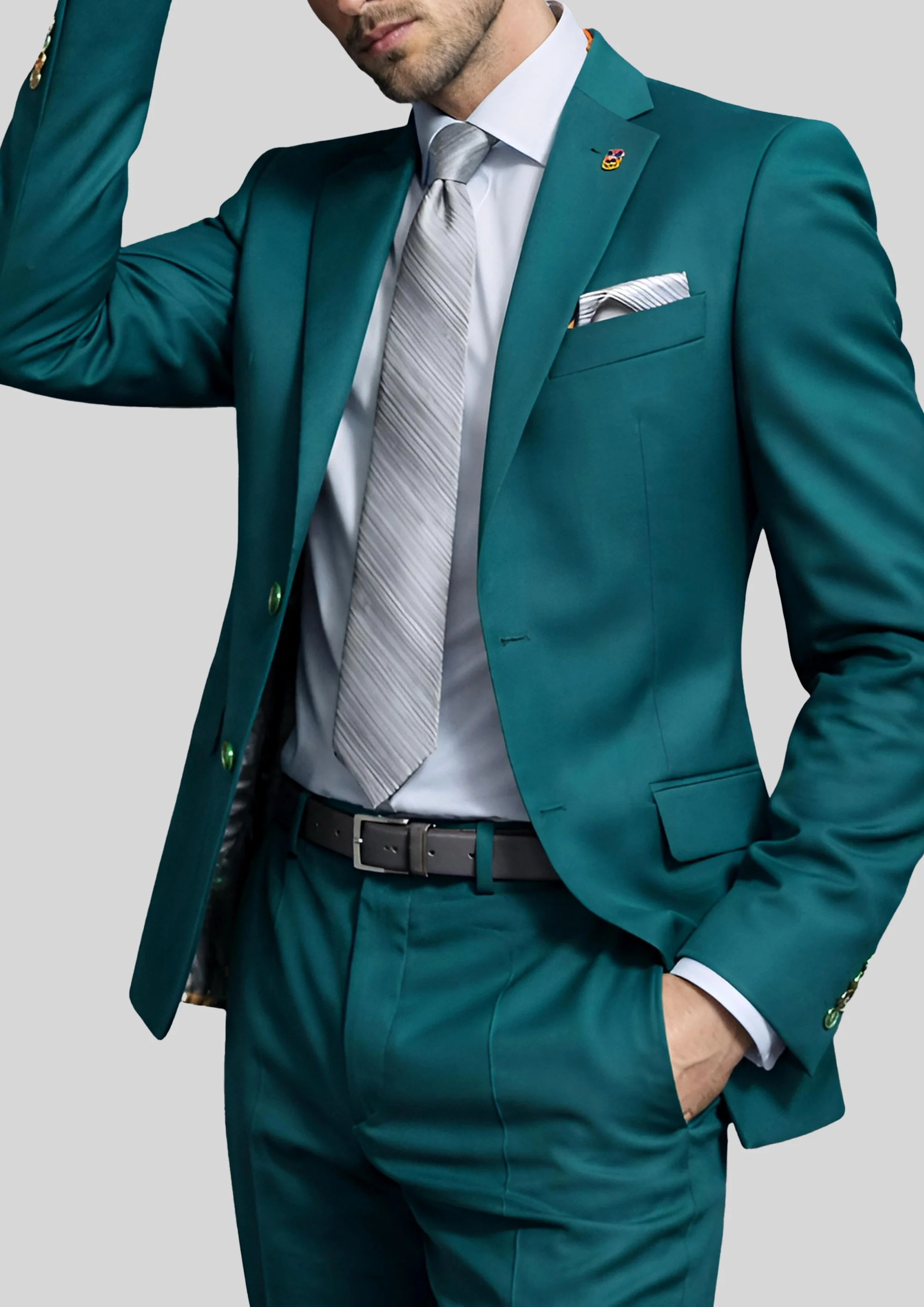 Traje slim fit en tejido liso verde