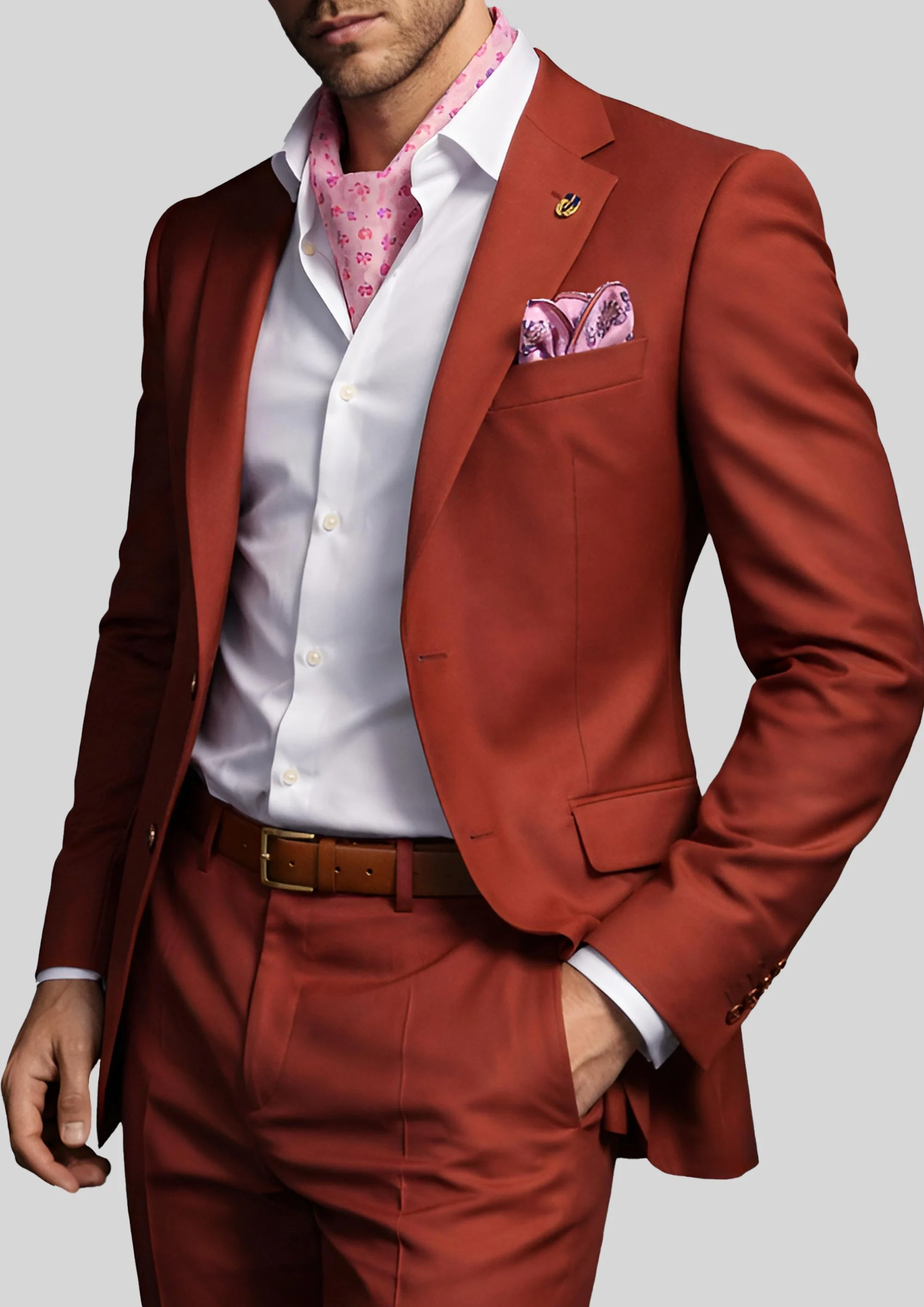 Traje slim fit en tejido liso rojo teja