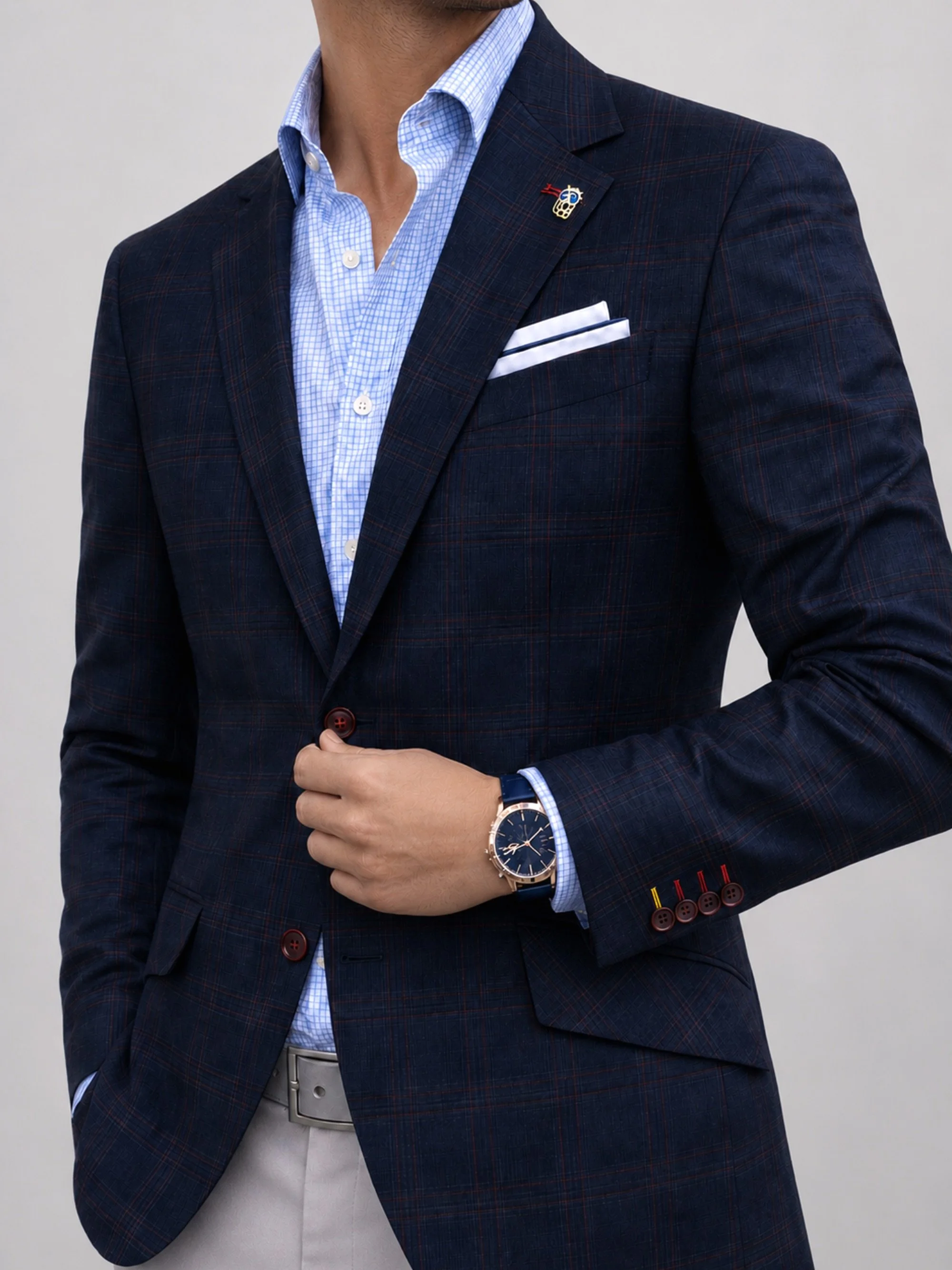 Blazer azul marino a cuadros con bolsillos inclinados