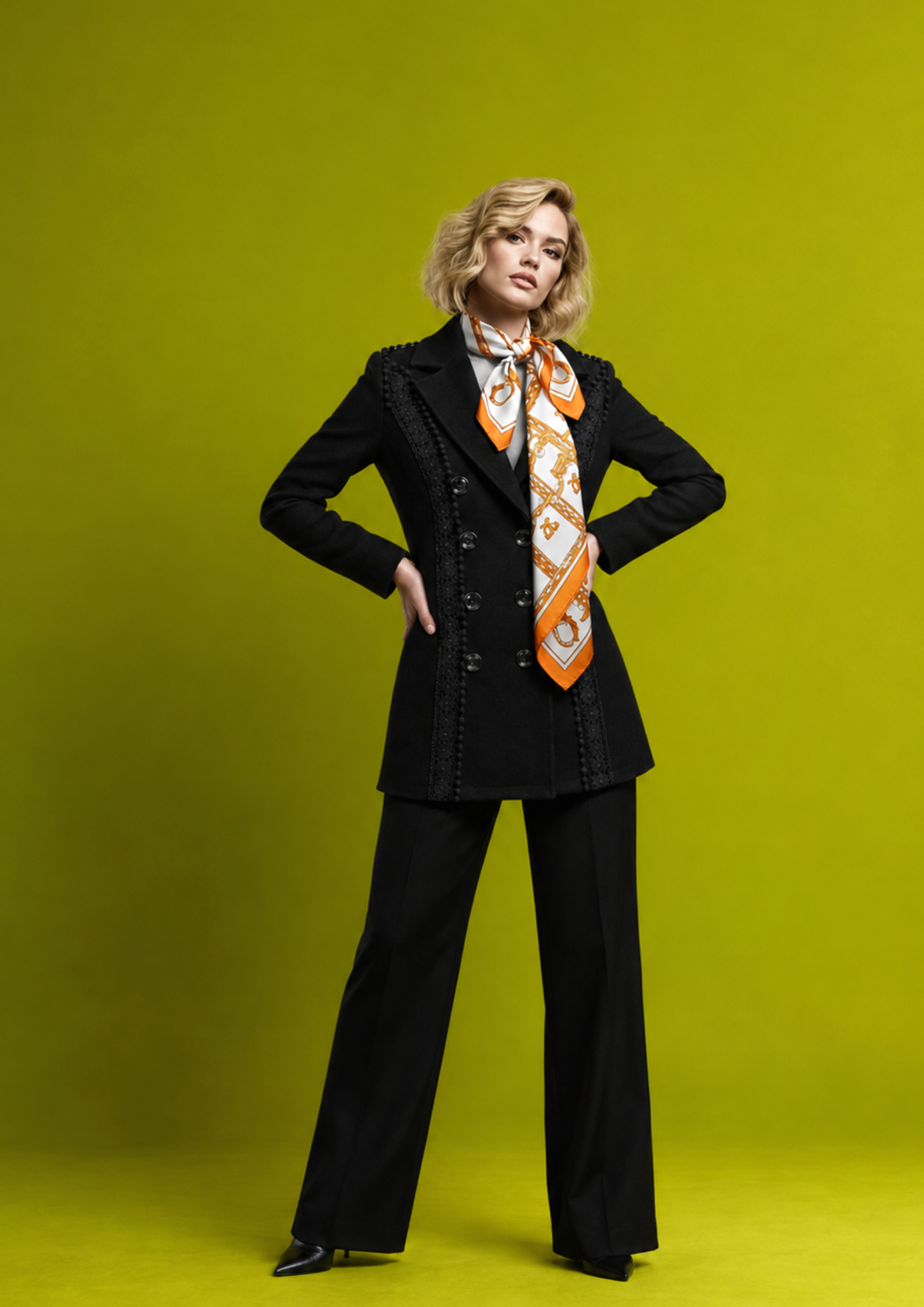 Mujer con cabello rubio rizado, vestida con saco negro y pantalones amplios negros, usando bufanda naranja y blanca, de pie con las manos en las caderas contra fondo verde