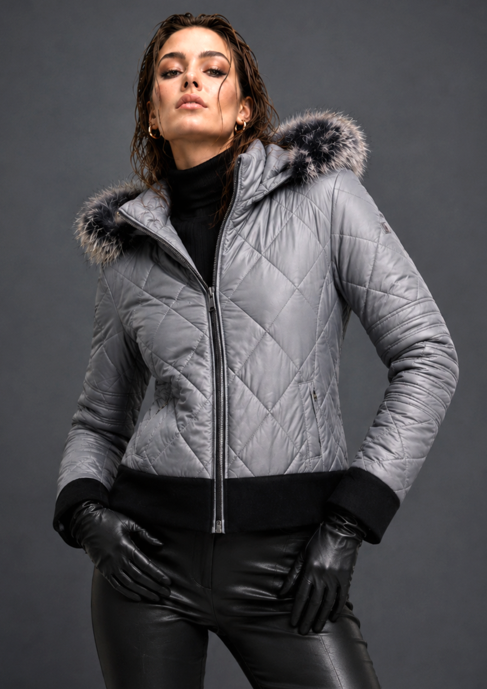Parka acolchada gris combinada en terciopelo