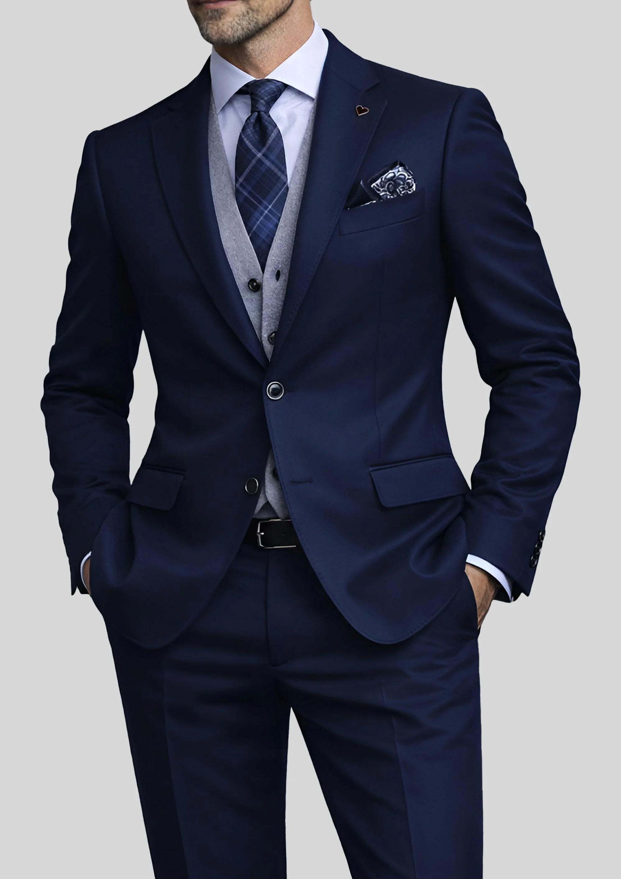 Traje slim fit elástico azul marino con pespuntes AMF