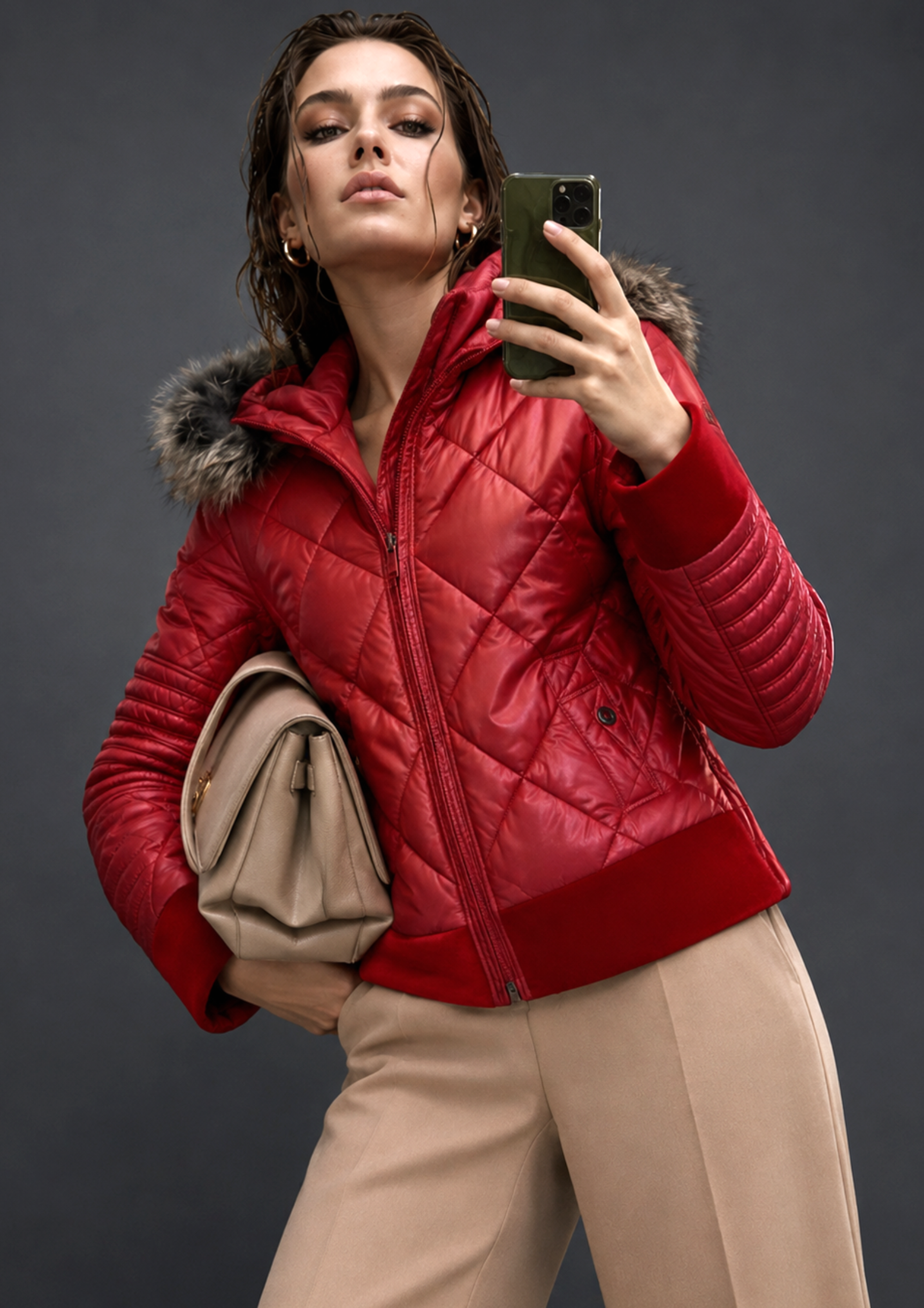 Parka acolchada roja combinada en terciopelo