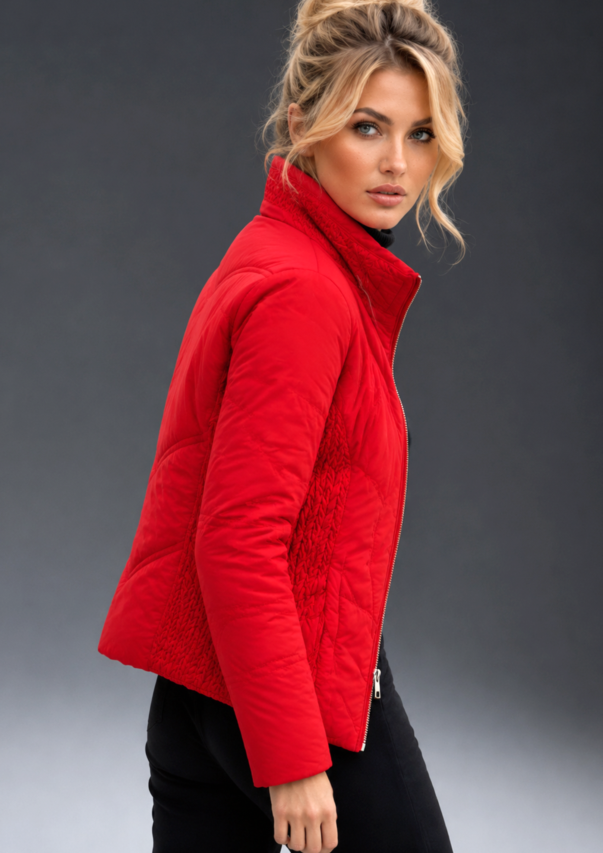 Parka acolchada roja con bordado texturizado de punto