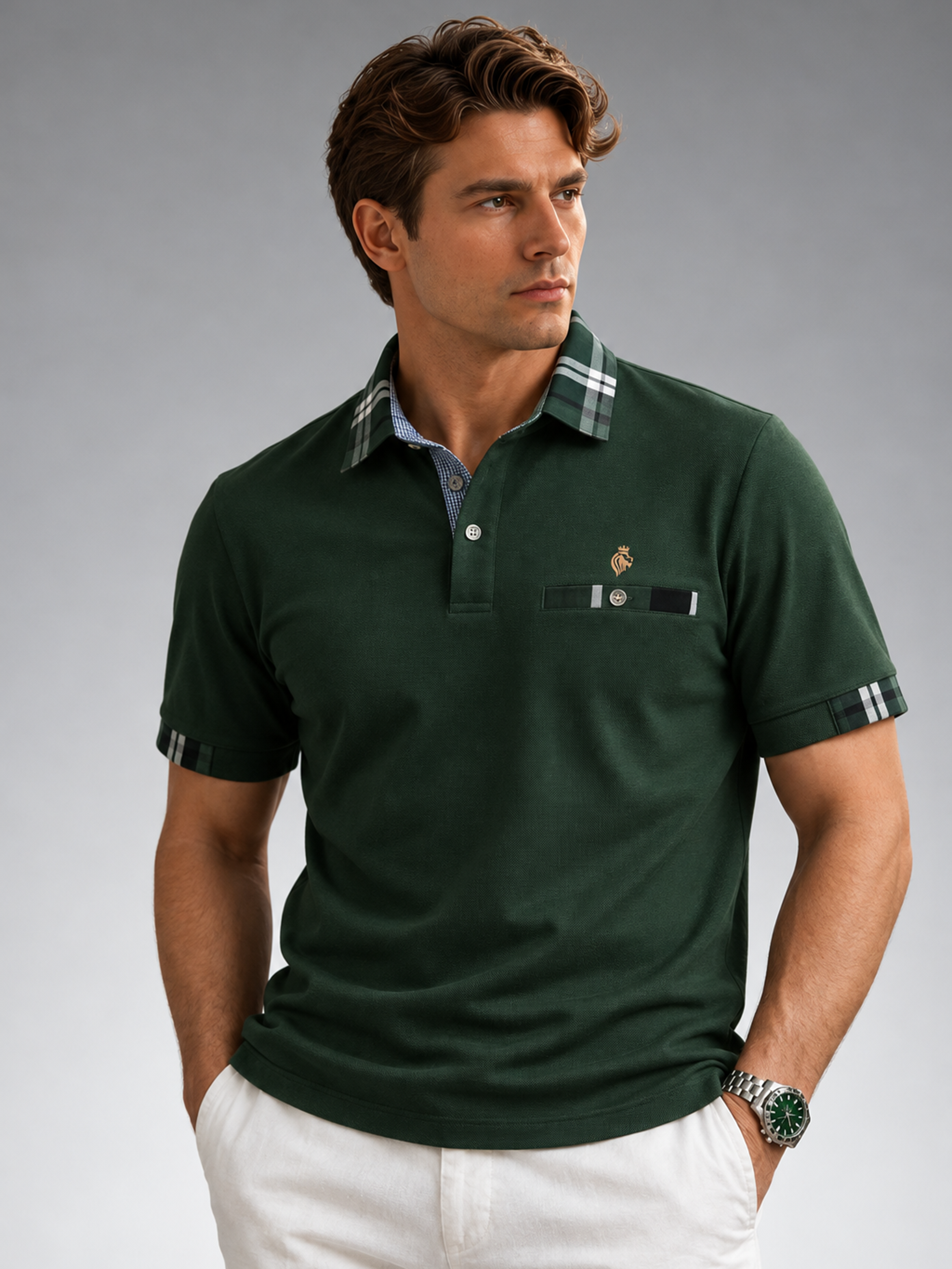 Polo de piqué con cuello de cuadros verde