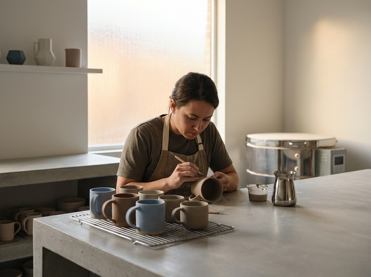 A woman painting a ceramic mug in a pottery studio, surrounded by unfinished and finished mugs on a table.