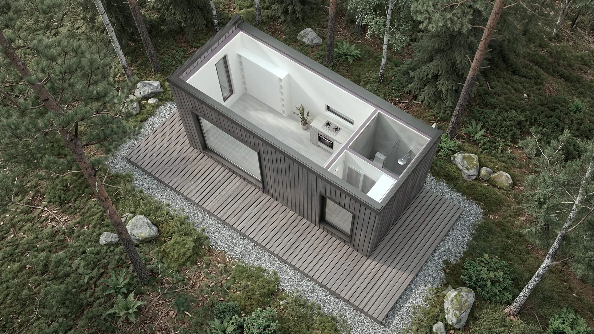 A rendered image of the FRØ Tiny Home - Outside View, Up and Right 