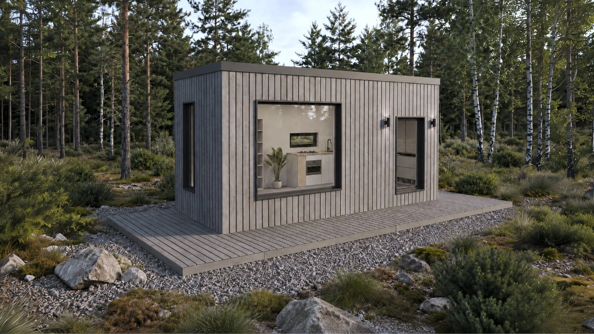 A rendered image of the FRØ Tiny Home - Outside View, Left 