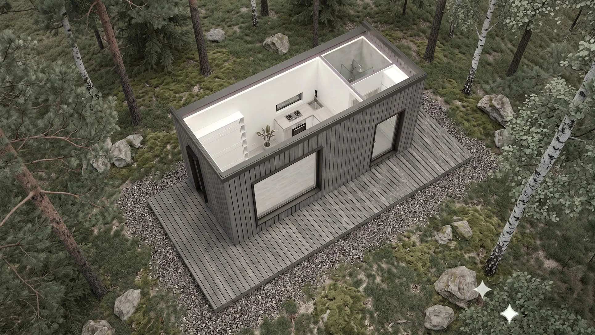 A rendered image of the FRØ Tiny Home - Outside View, Up and Left 
