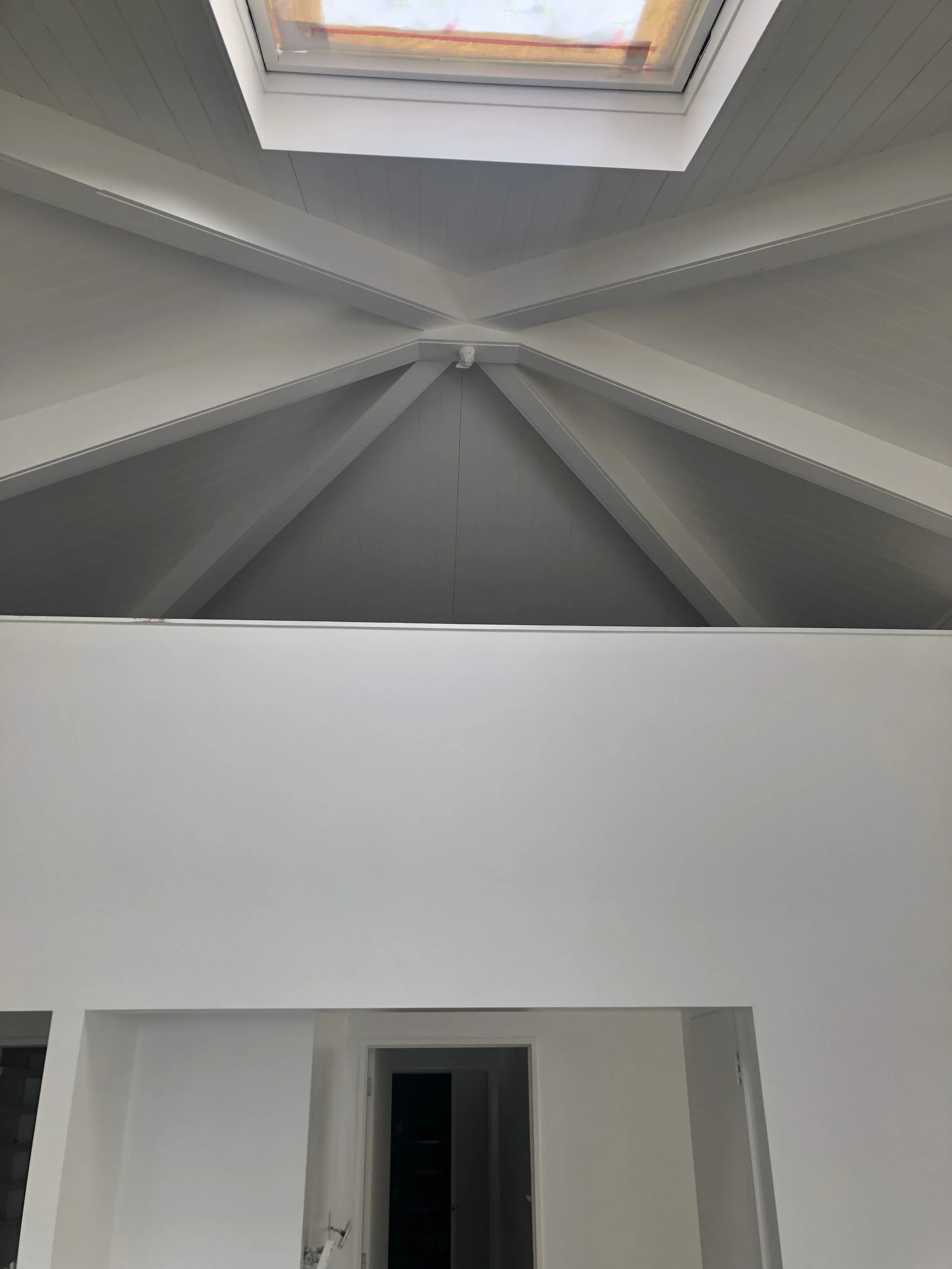 A white ceiling with a skylight window, visible during daylight, and light gray plastered walls.