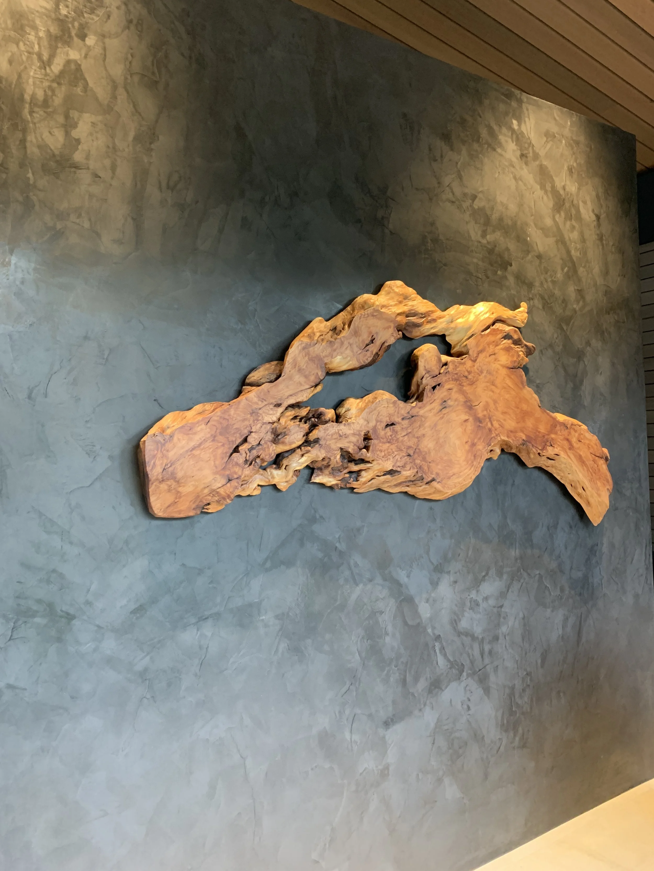 A large abstract wooden sculpture mounted on wall with venetian stucco.