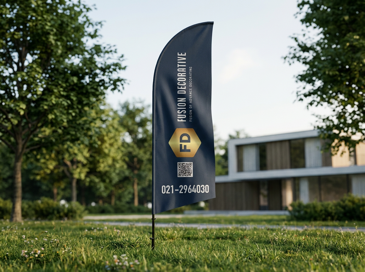 A vertical promotional flag with dark blue background, displaying the company logo 'FD' inside a gold hexagon, and the text 'FUSION DECORATIVE' and 'FUSION OF ADVANCE DECORATING' above it. It also has a QR code and a phone number '021-2964030' on a grassy area with trees and a modern building in the background.