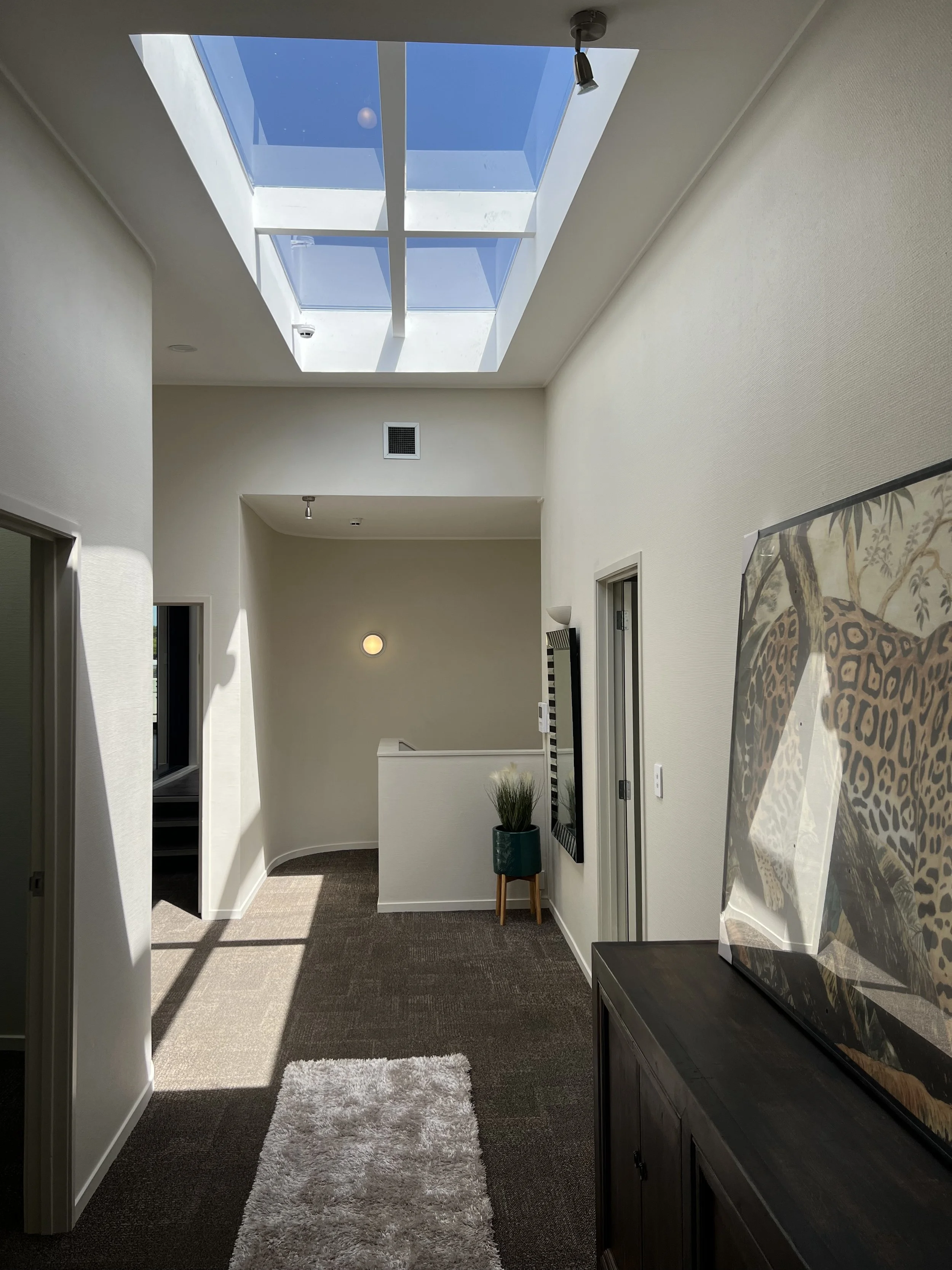 A hallway with a large skylight ceiling, allowing natural light to illuminate the space, with beige walls, a small potted plant, framed artwork, and a carpeted floor.