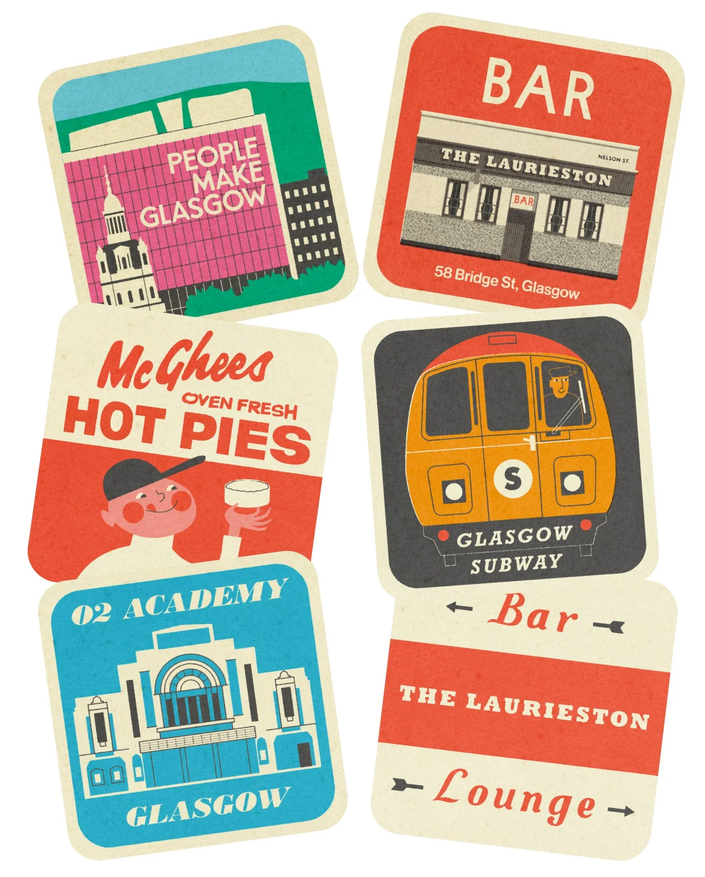Laurieston Bar Coasters: Glasgow Pub Art, Set of 6