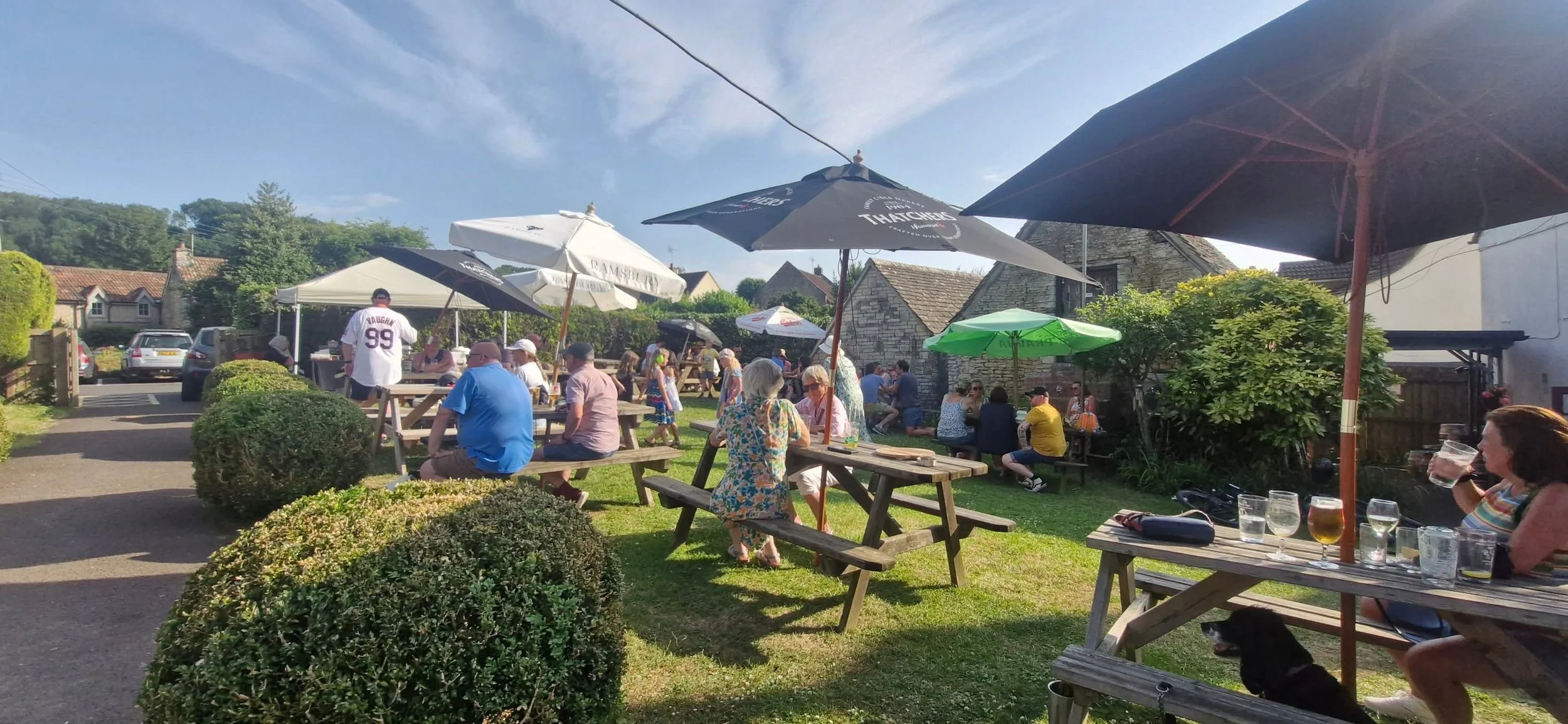 Outdoor patio with people sitting at picnic tables under umbrellas, enjoying drinks and socializing on sunny day in a garden area with bushes and trees, with parked cars and houses in the background.