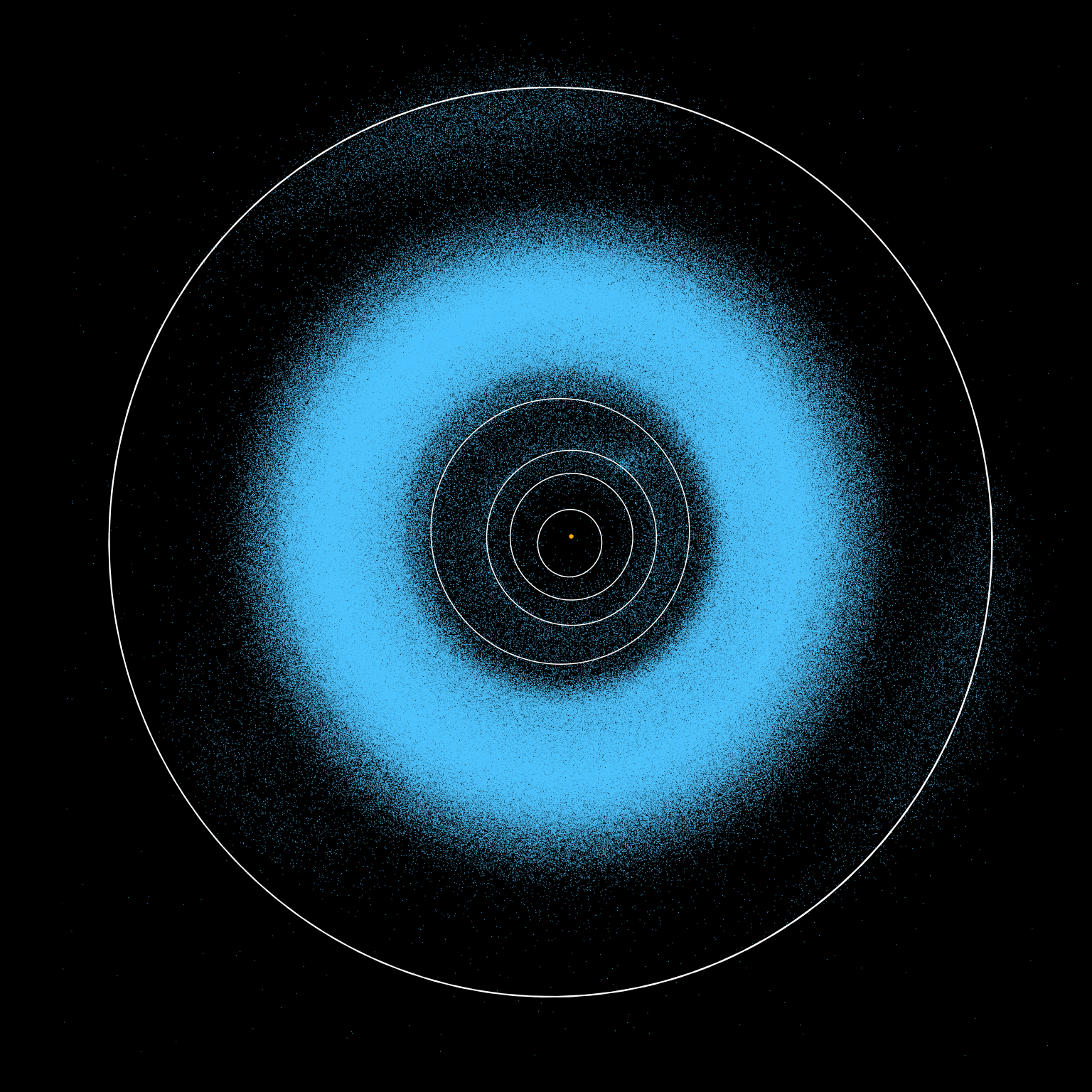 ブラック背景に青い点の光が広がる宇宙の小惑星が無数にあることを示す画像。