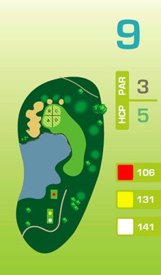 Bahnengrafik Spielbahn 9: Par 3, HCP-Index 5. Leicht geschwungener Verlauf mit Bunker, Baumgruppen und Teich. Spiellängen: 106 m (rot), 131 m (gelb), 141 m (weiß).